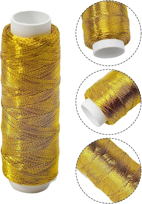 4 Pack Metallic Sewing Thread Set, Gold & Silver Polyester Shiny Threads for Embroidery Quilting Patchwork, Universal for Sewing Machines Overlocker Hand Decorative Stitches