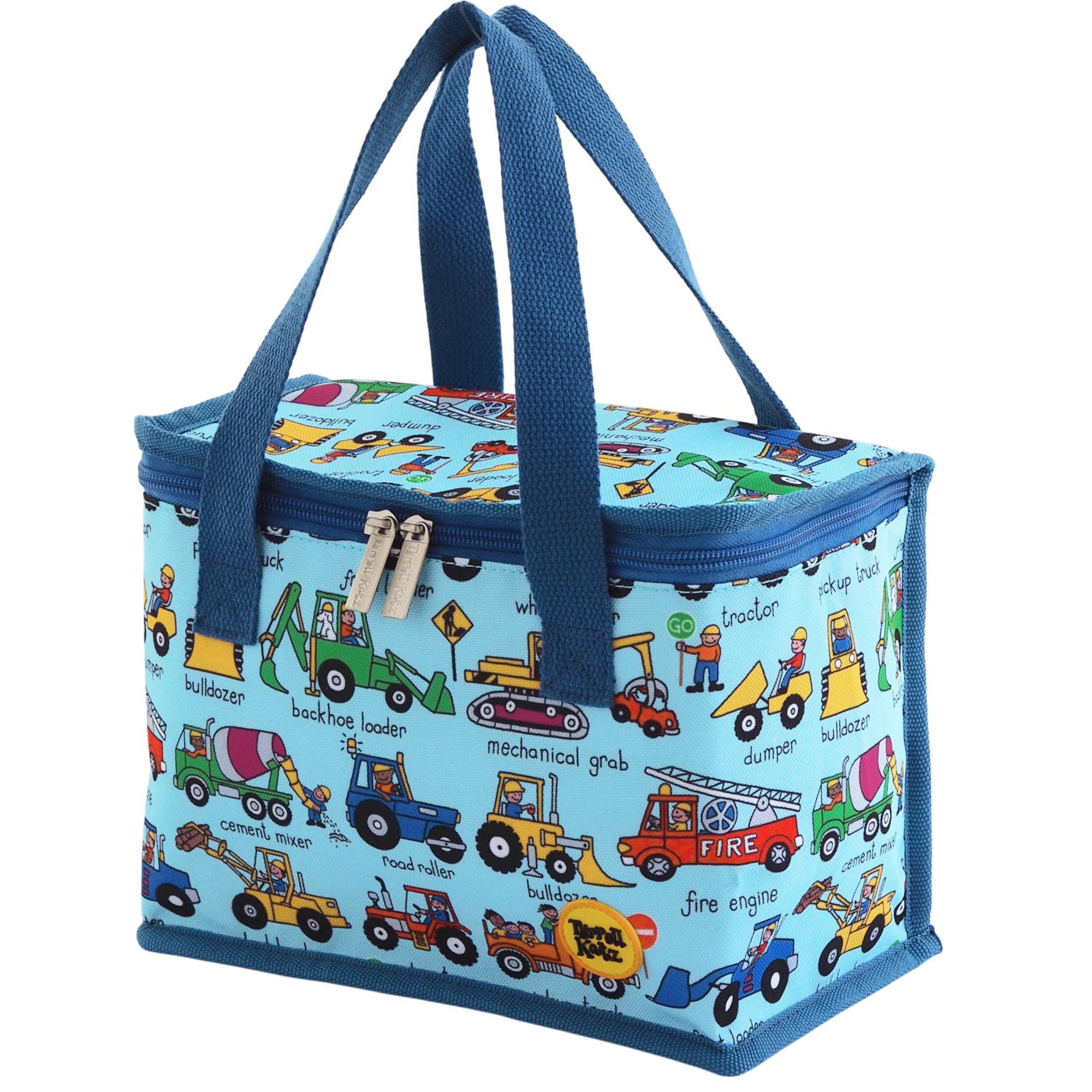 Tyrrell Katz Insulated Foldable Blue Kids Lunch Tote · Trucks Design Children's Lunch Bag · Made from Long Lasting RPET Polyester Fabric · Double Zip Opening · Size: 23 x 18 x 13 cm — image 1