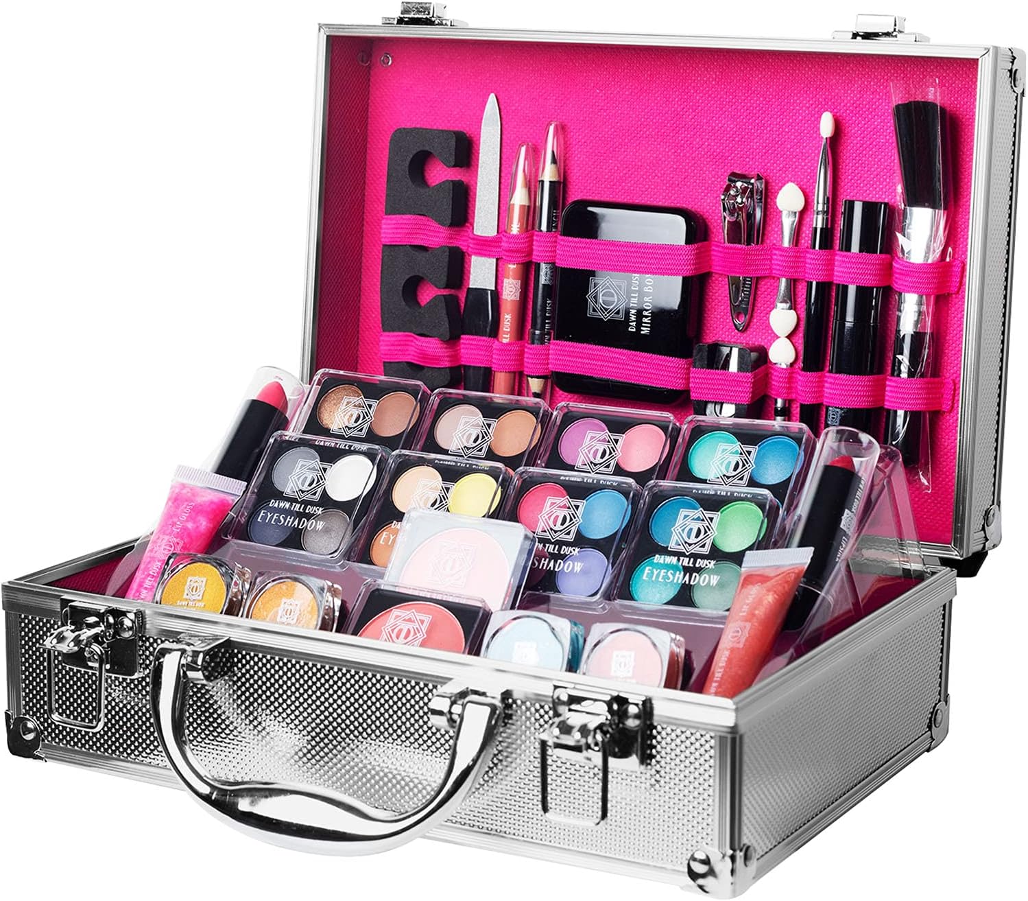 54 Pieces Makeup Set with Travel Vanity Box by Envie, Includes Eyeshadow Palette, Lip Gloss, Lipsticks, Manicure Set, Makeup Brushes, Compact Mirror and Much More - (Silver)