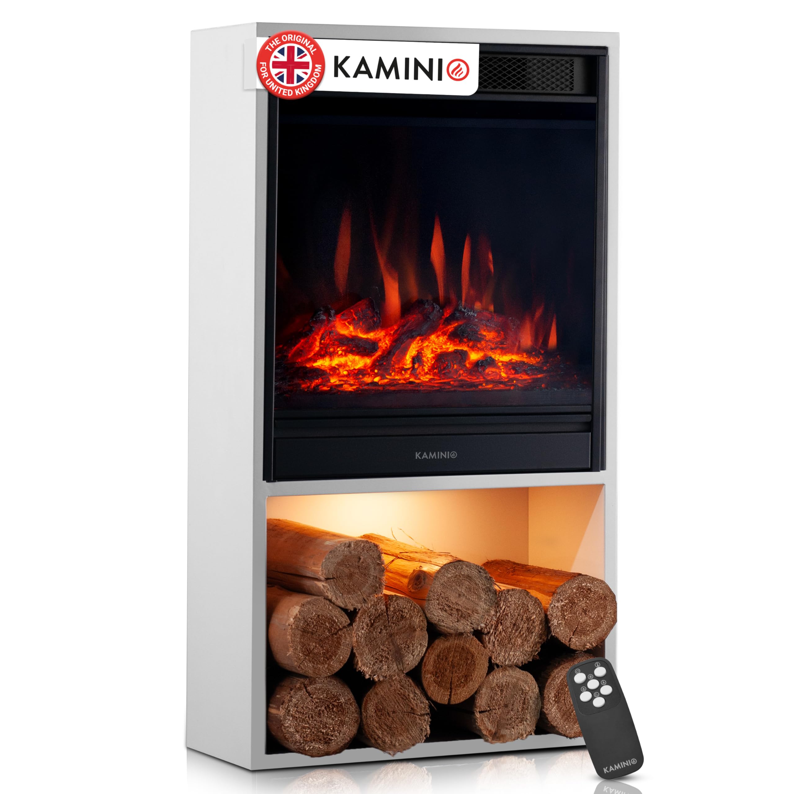 Kaminio White Electric Fireplace Hugo - Electric Stove With Heater, 3D Flame Effect, Led Mood Light, Wood Storage Compartment, Remote Control (White)