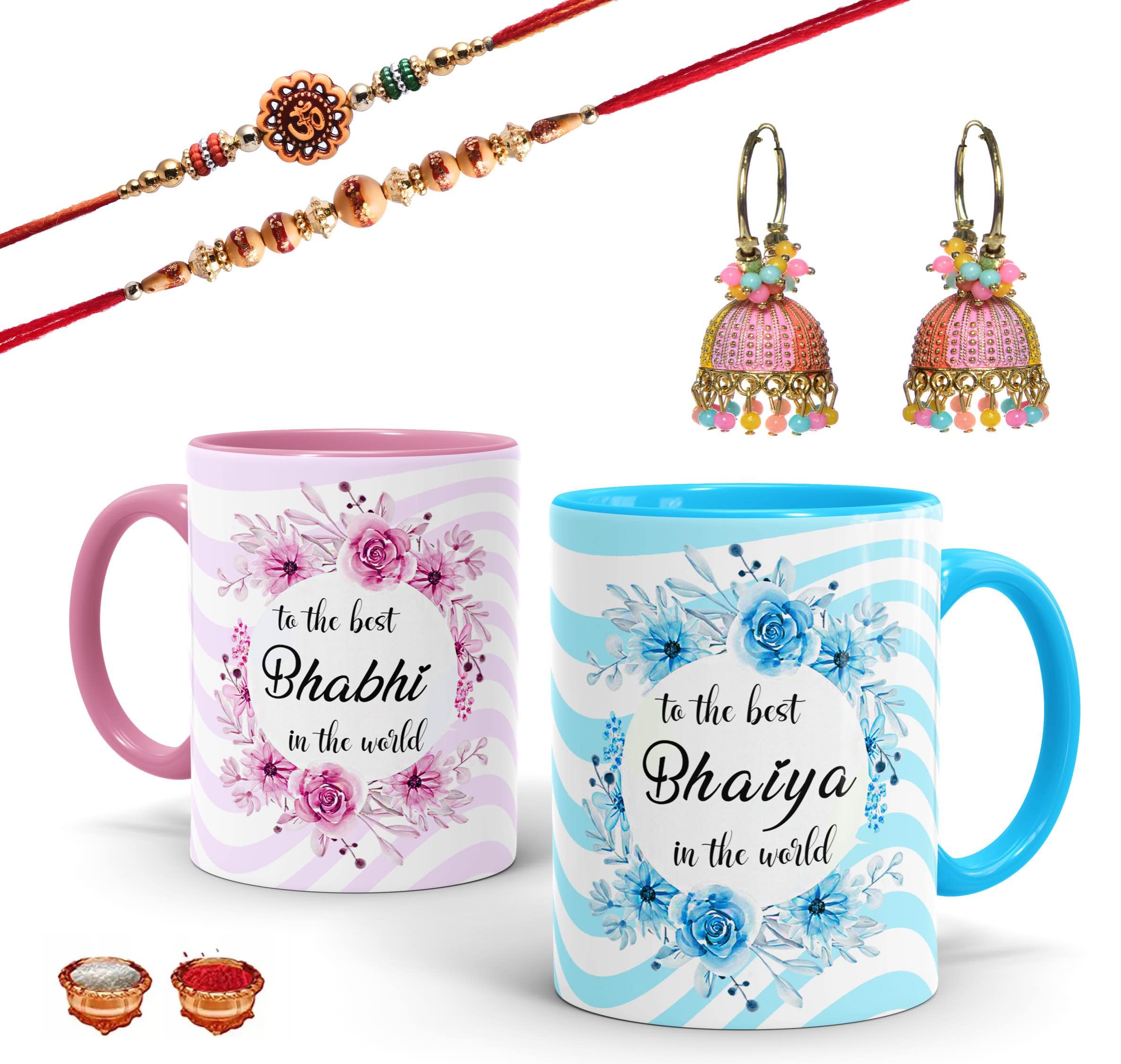 Laxmita Perfection Bhaiya Bhabhi inner color Coffee mug Gift Combo | 2 coffee mug,2rakhi,1pair earring,1roli pac | Rakhi For Brother & Sister Rakhi Gift For Sister& Brother . BB11-PINKSK-BD-E3