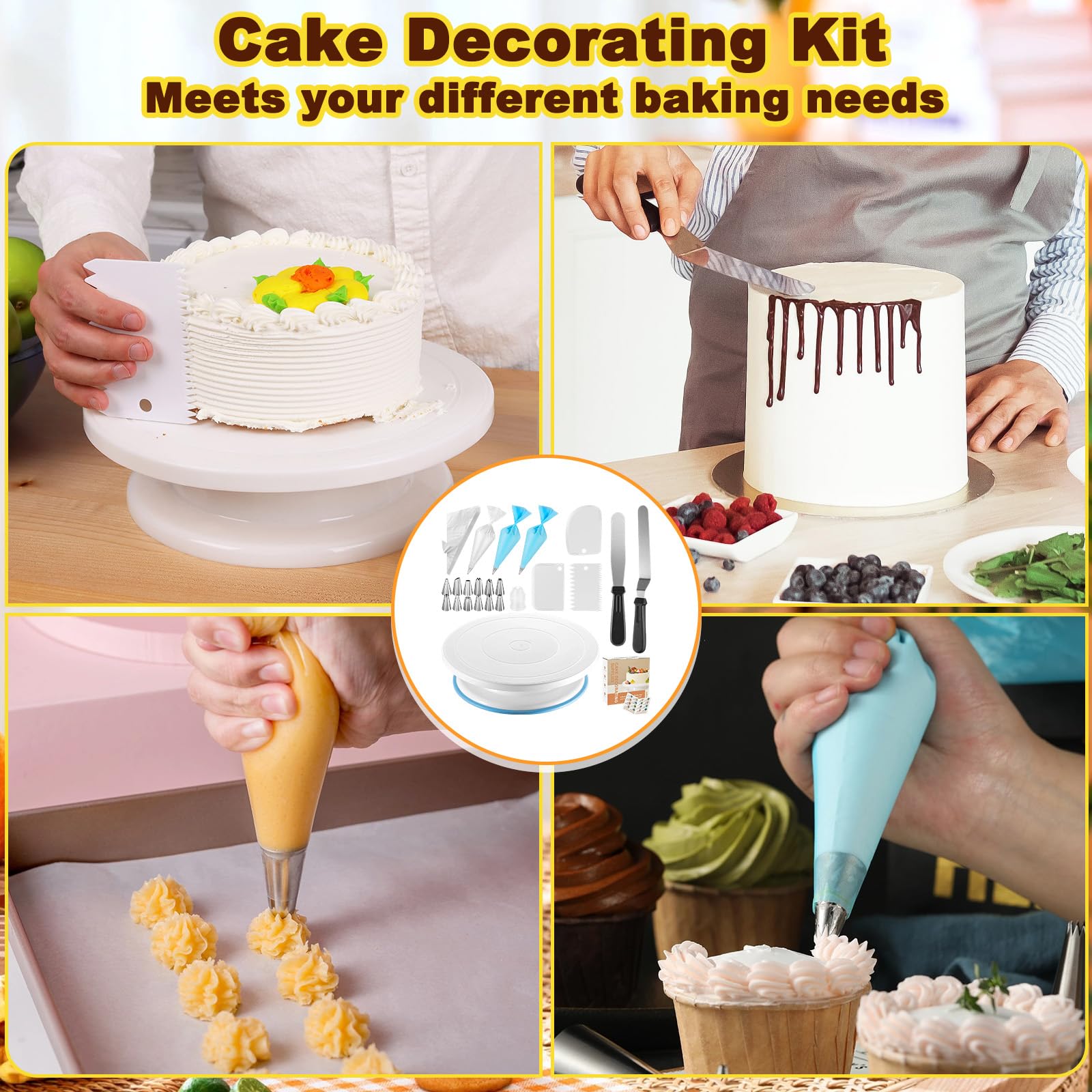 Kit Plateau Tournant Patisserie Rotatif, Ustensiles Plateau Gâteau avec 12 Embouts Glaçage, 2 Spatules Niveleur, 3 Grattoir, 50 Poches Douille Jetables, Accessoires Décoration Cuisson (71 Pièces)