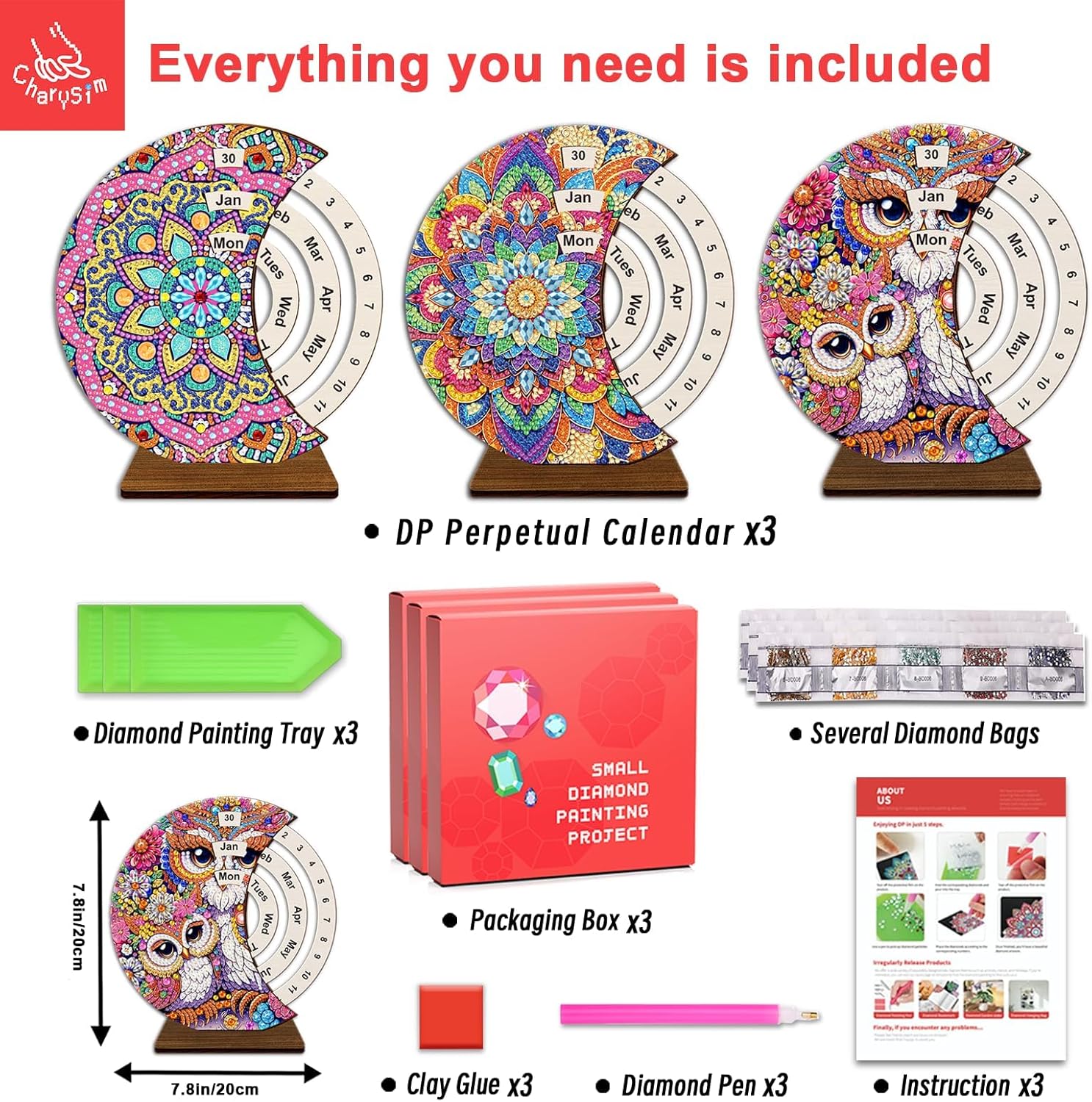 CharySim 3D Diamond Art Wooden Perpetual Calendar Kits for Adults Mother’s Day Gifts Painting Accessories Gem Tools Crystral dots Paint for Home Desktop Stand (Mandala&Owl&Sunflower 3)