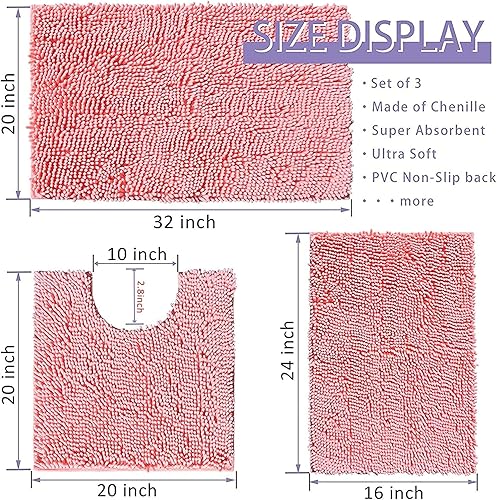 Miniatura 100 de Juego de 3 alfombras de baño extrasuaves y absorbentes, alfombras de baño de felpilla, alfombra de felpa antideslizante, juego de baño con alfombras