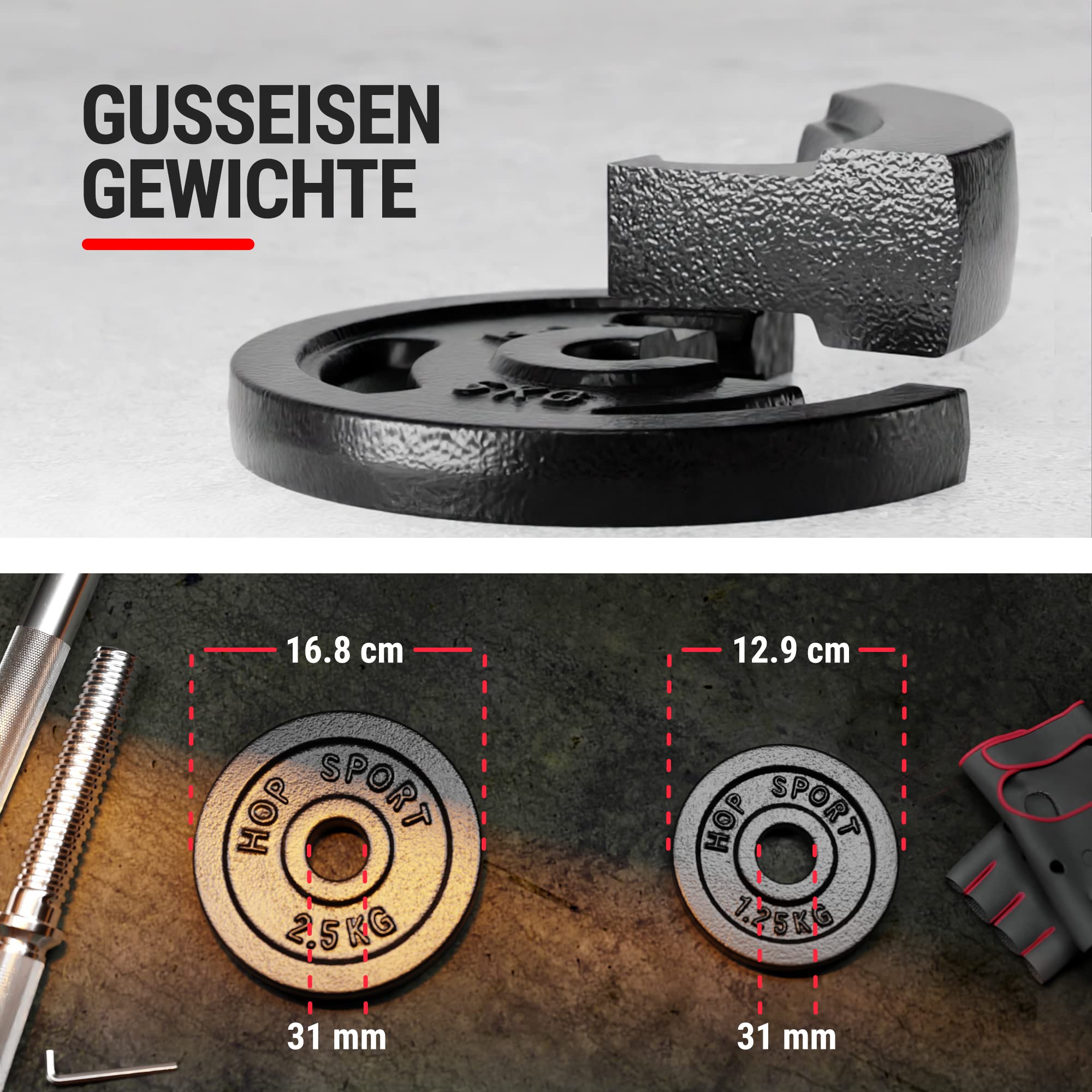 Hop-Sport 2in1 Hantelset Kurzhanteln & Langhantel – Verstellbare Gusseisen Hanteln mit Verbindungsrohr – Training Zuhause Krafttraining inkl. Trainingshandschuhe