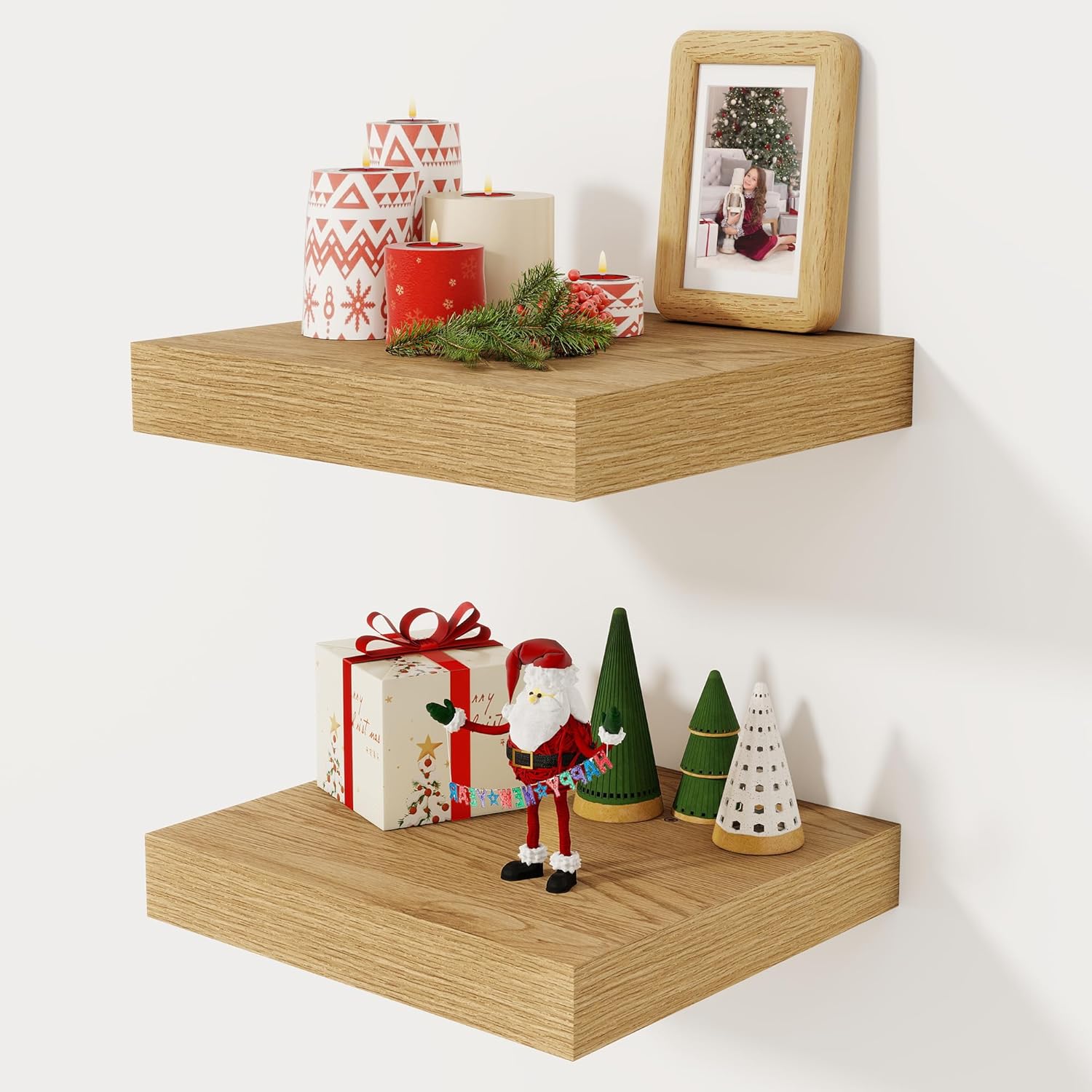 Fun Memories 12 Inch Floating Shelf, Rustic Wood Wall Shelves for Wall Decor & Storage, 12 x 12 Floating Shelf for Living Room, Bathroom, Bedroom, Oak, Set of 2