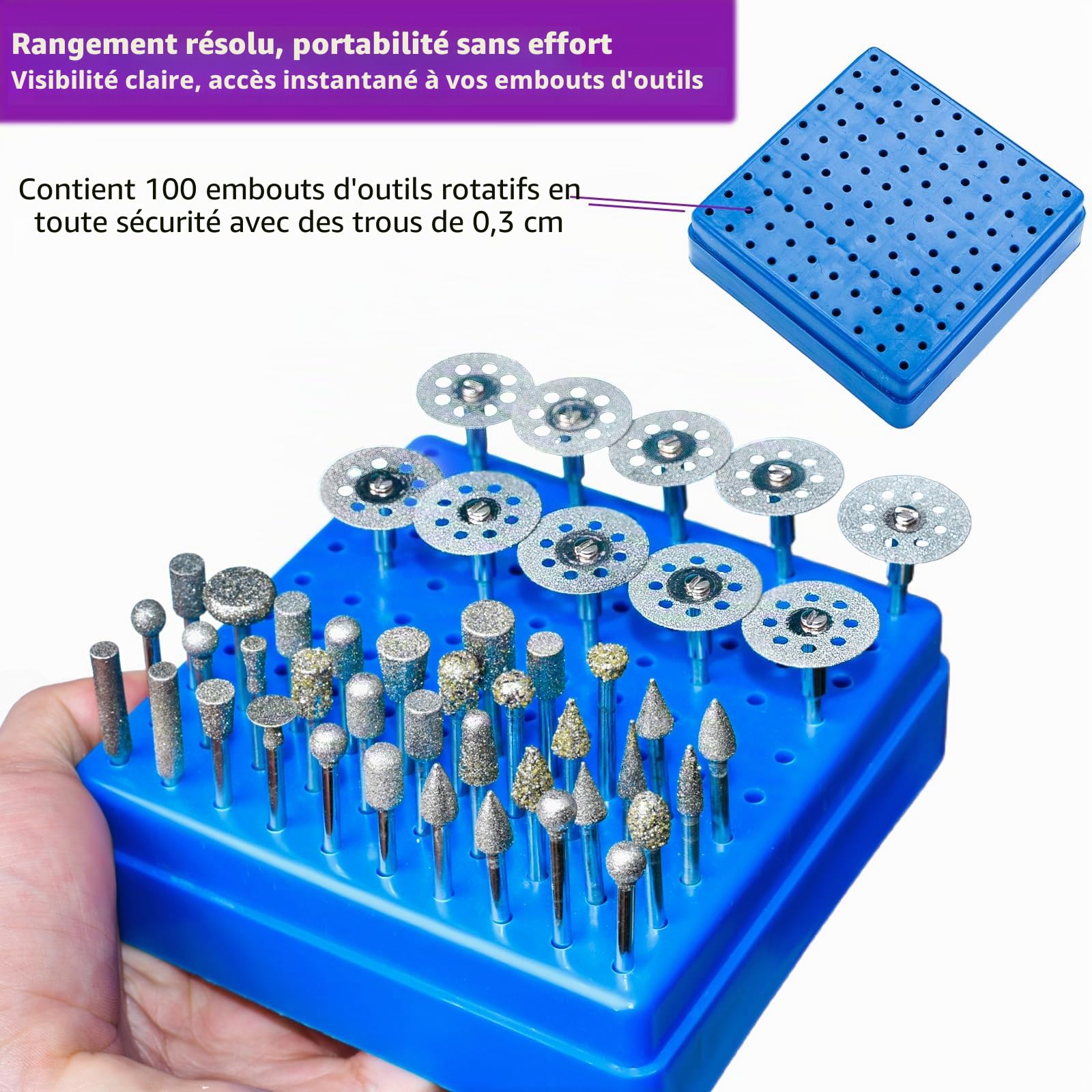 22 Fraises Diamantée Grain 120 + 10 Disque Diamant Compatibles avec Dremel, avec Coffret de Rangement Bleu, Tige de 3mm Pour le Verre, Les Pierres Précieuses, Jade, Le Polissage des Détails, Gravure