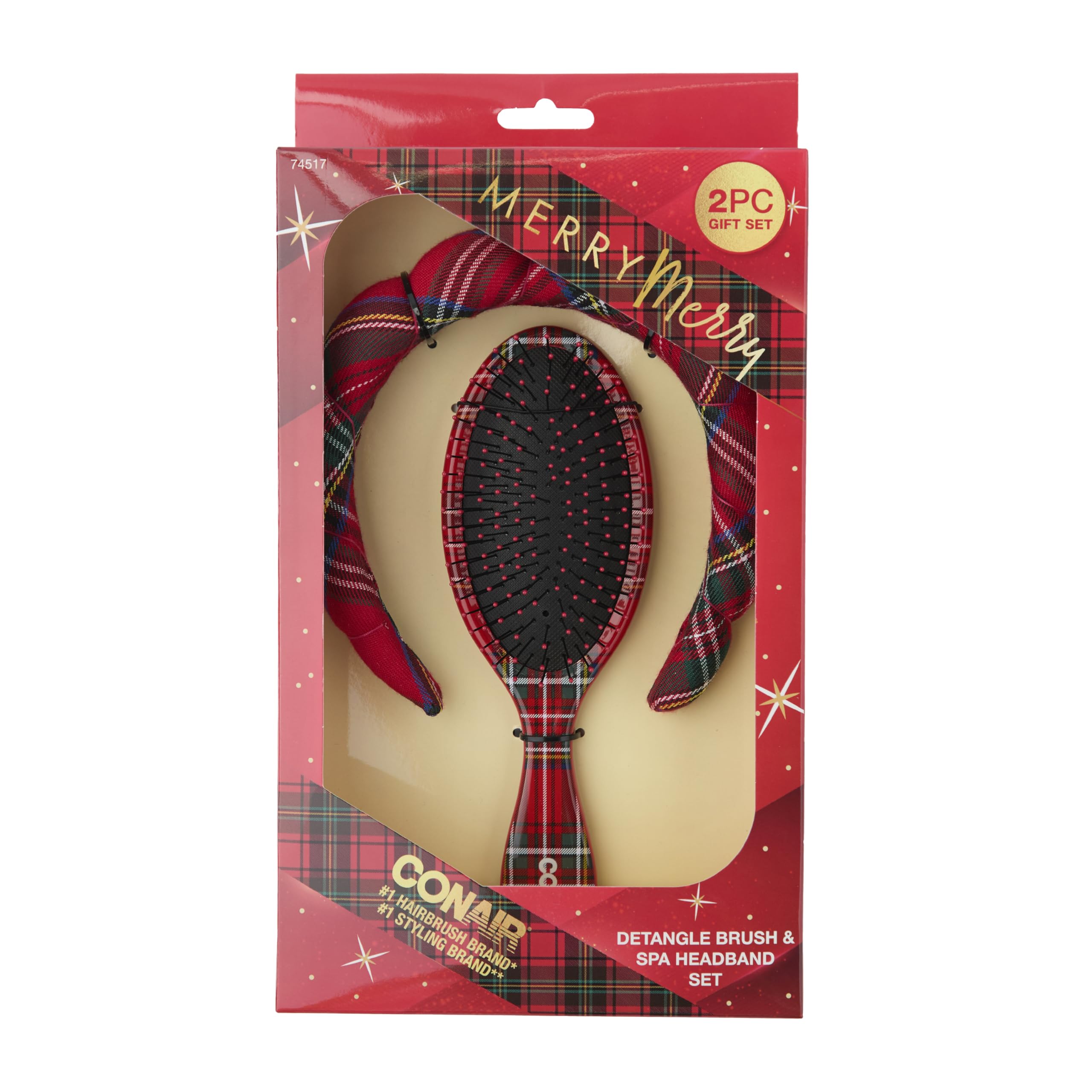 Conair Spa Tartan Headband & Detangle Cushion Brush 2pk Set - spa headband for washing face - Bubble headband - Makeup headband - GRWM headband - gifts for teen girls - stocking stuffers
