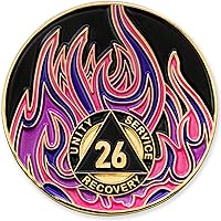 Vista 40 de Medallón de recuperación AA chapado en oro de 1 año Twisted Flames - Negro/Rojo/Naranja/Amarillo