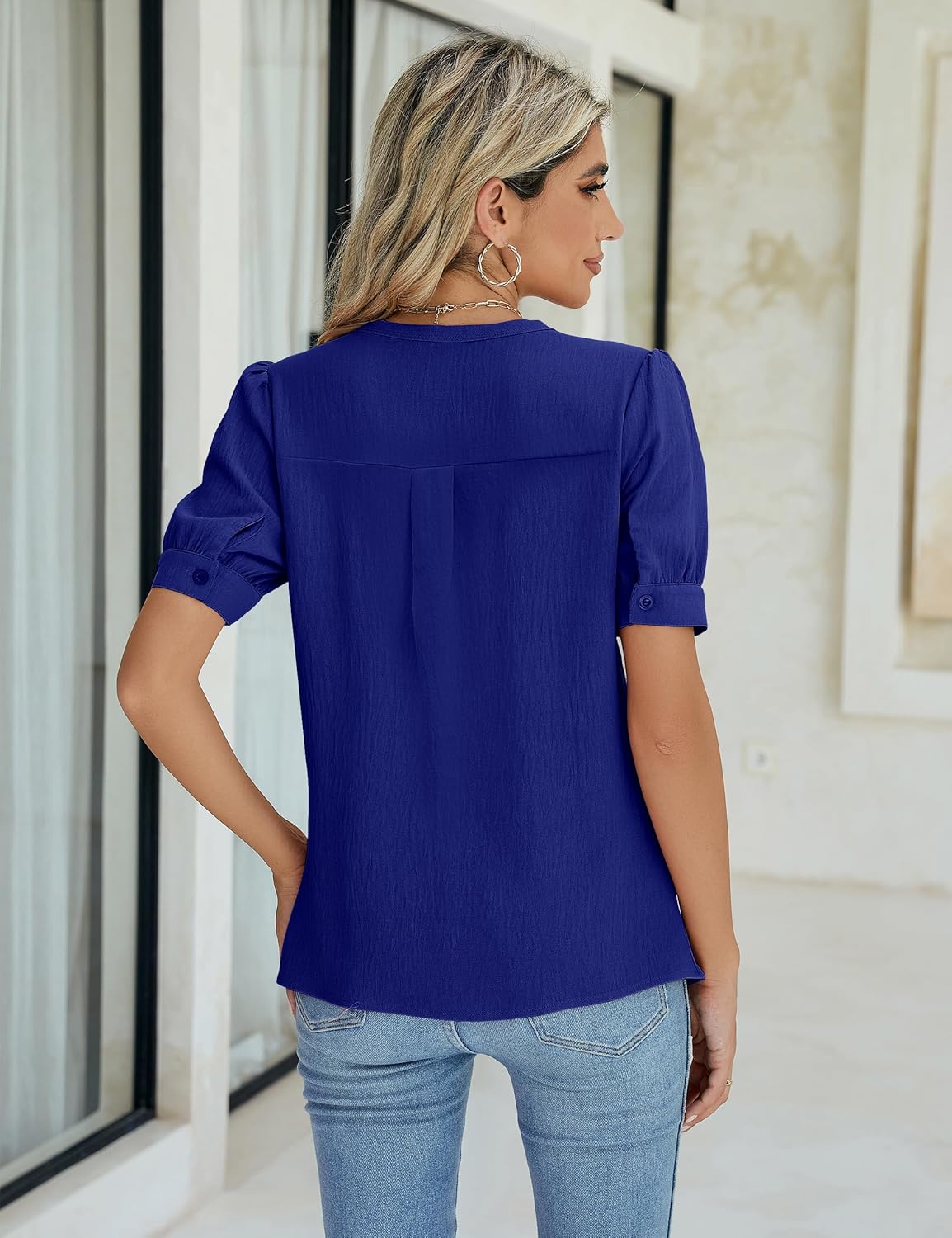 Blooming Jelly Womens Dressy Casual Tops Keyhole Business Work Blouses Pleated Puff Sleeve Summer Shirts - Image 3