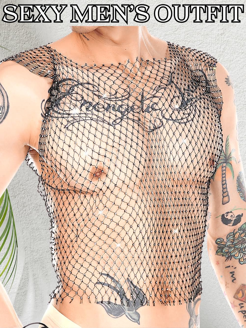 Kaei&Shi Rhinestone Mens Tank Tops Sheer Mesh See Through Fishnet Sparkly Rave Outfit Festival Crop Men Shirt Sexy Club Party - Image 3
