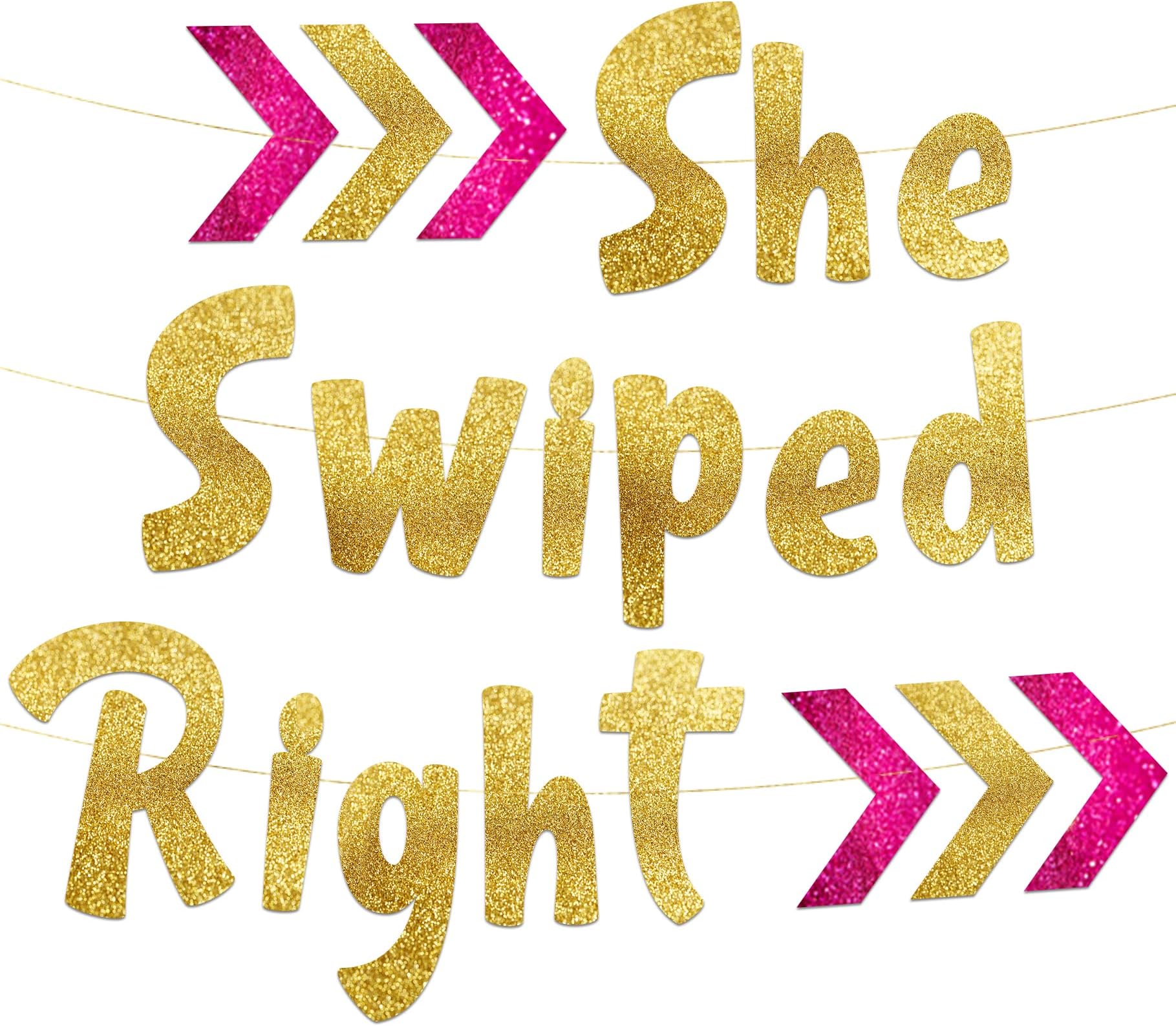 She Swiped Right Funny Bachelorette Party Gold Glitter Banner - Hen Party Decorations, Favors and Supplies