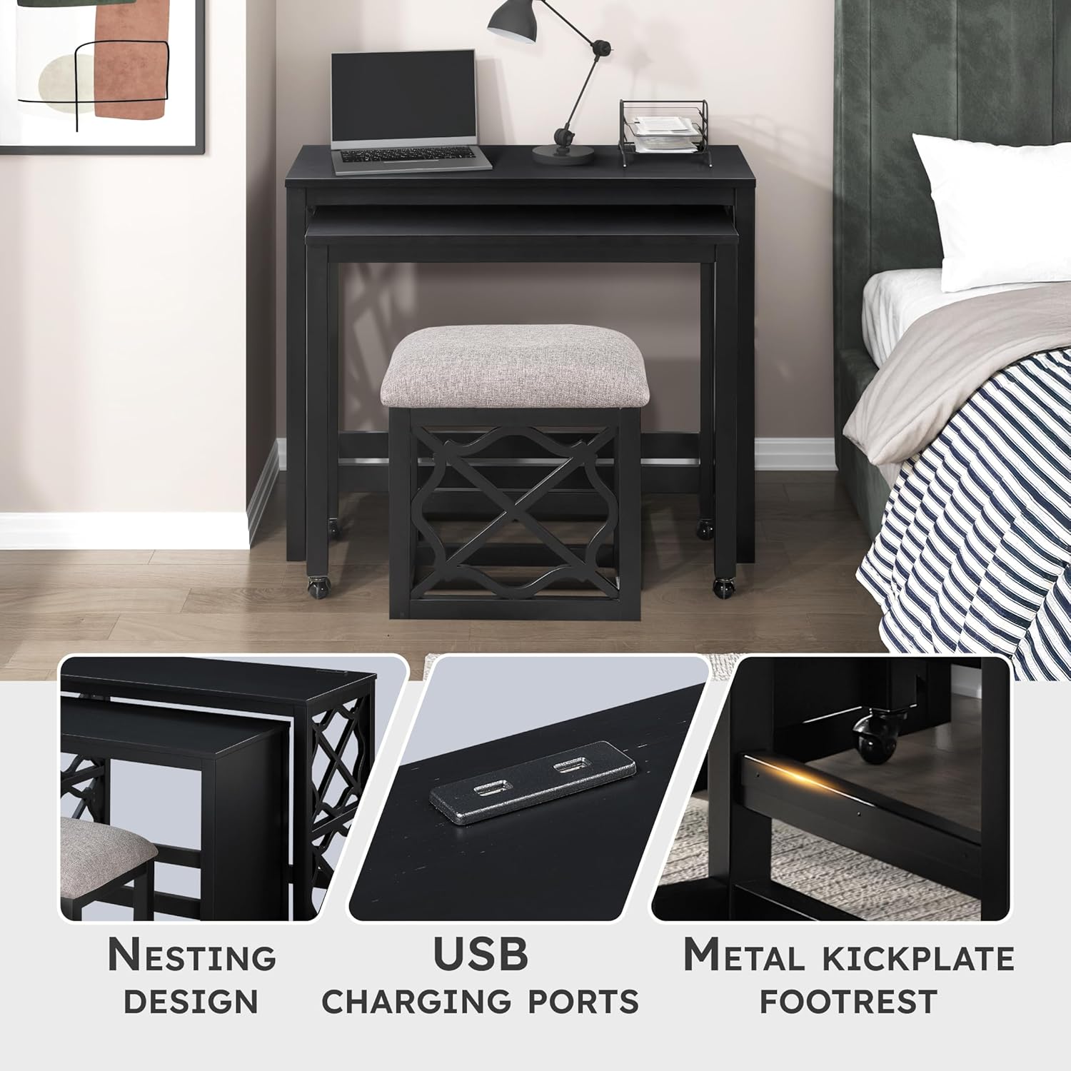 Lexicon Space-Saving Home Office Wood Desk Set, Modern Makeup Vanity Desk with Padded Vanity Stool, USB Charging Port, Nesting Table, Rolling Small Computer Table for Writing/Study/Bedroom, Black