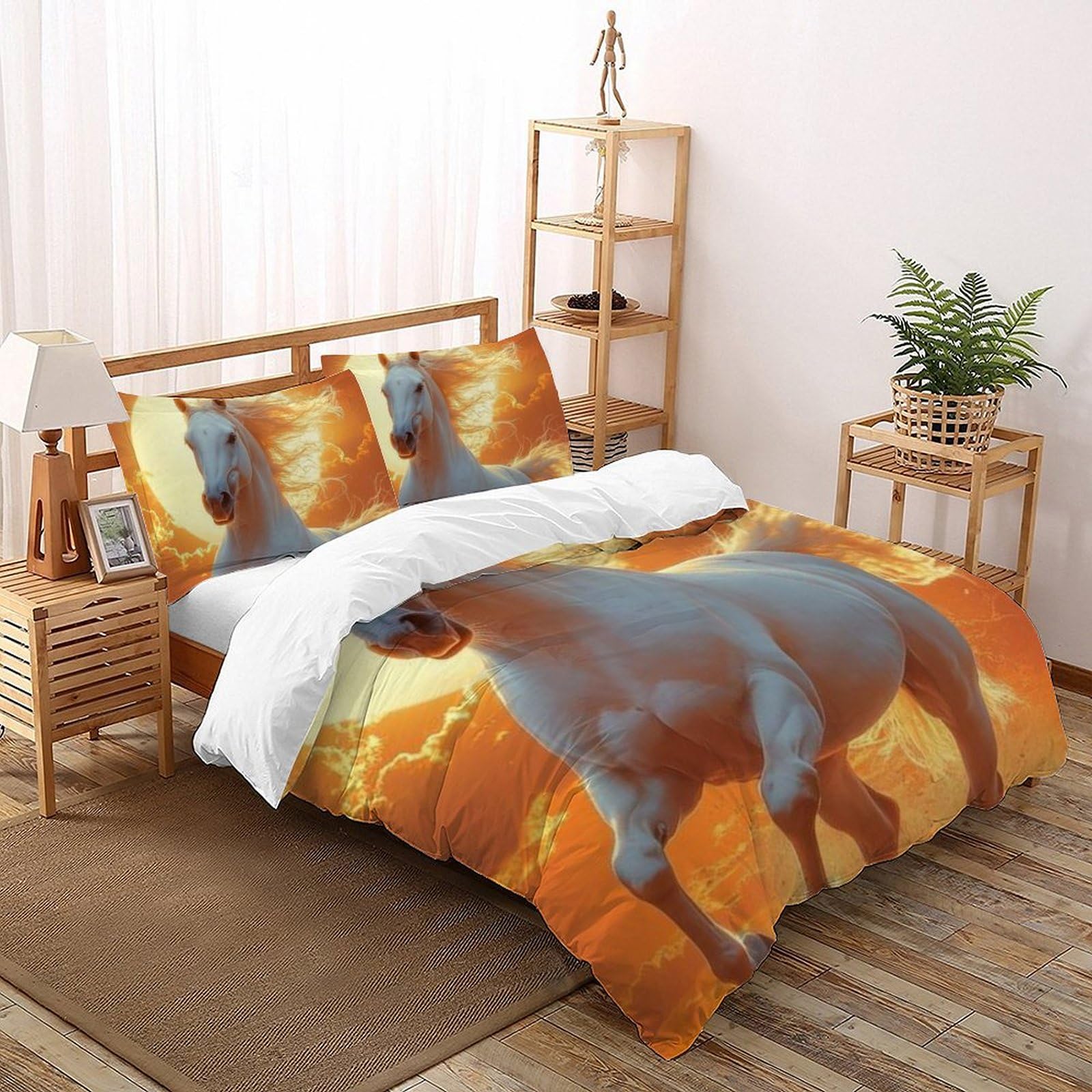 Housse de couette cheval microfibre 260x220cm anti-pli pour grand lit garçon avec taies