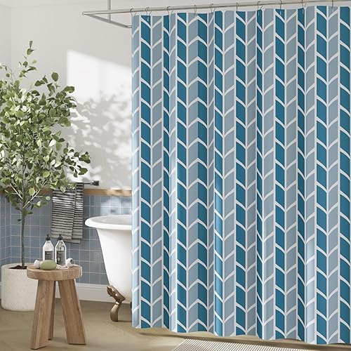 Miniatura 2 de JINCHAN Cortina de ducha geométrica azul y blanca con flecha de chevron, cortinas de ducha estilo granja para baño, moderna tela impermeable con 12