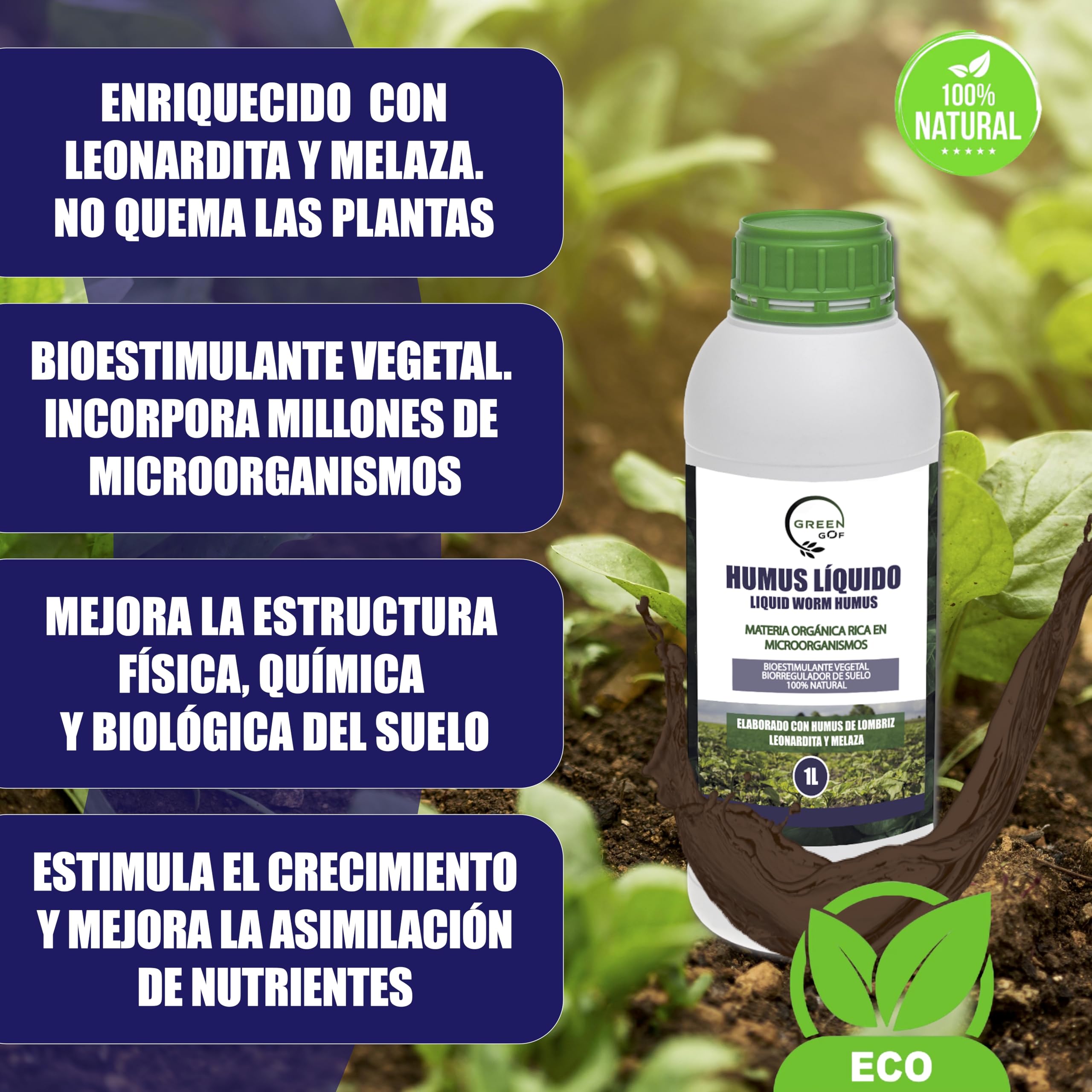 GREENGOF Humus Líquido de Lombriz Premium 1L. Enriquecido con Leonardita y Melaza. Fertilizante Rico en Microorganismos. Acelera el crecimiento de las Plantas. Aumenta el tamaño y cantidad de Frutos.