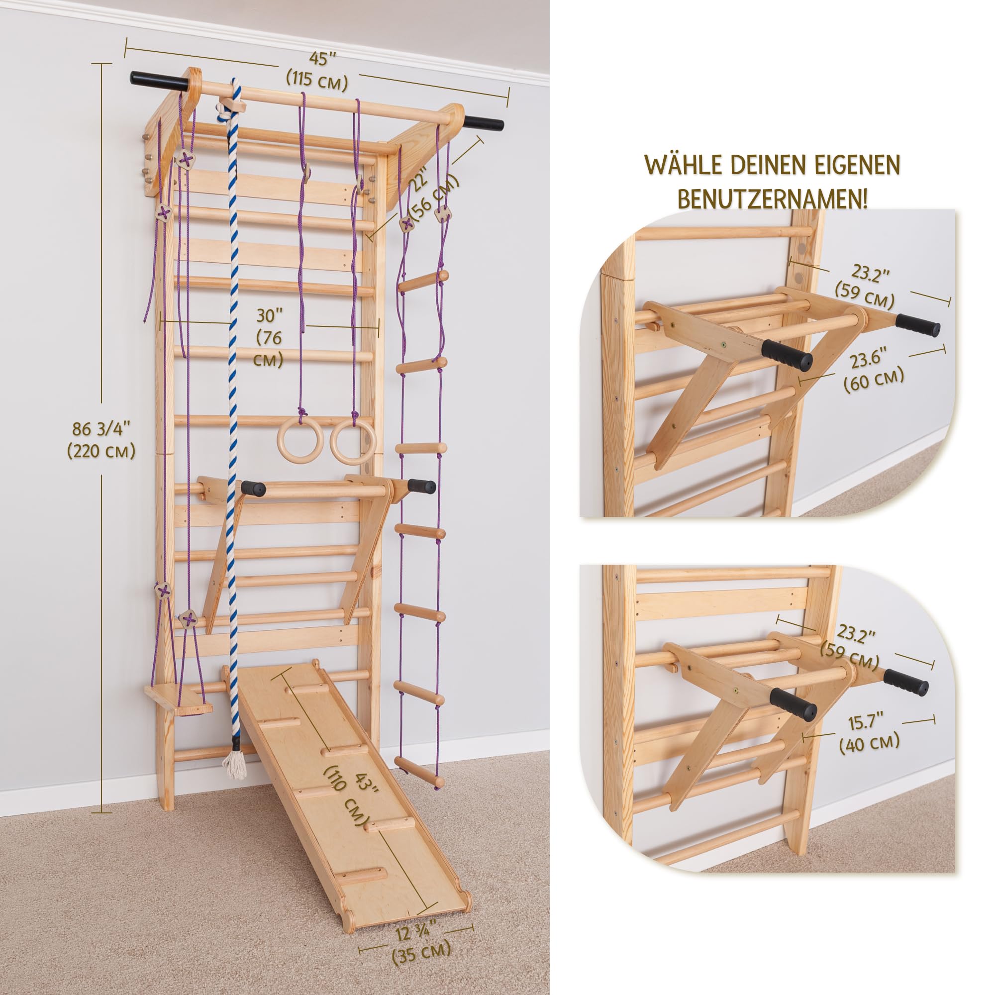 Sprossenwand Holz mit Rutsche & Schaukel - Indoor Klettergerüst für Kinder & Erwachsene - Turnwand mit Kletterbrett & Zubehör - Massiv bis 150kg (Beige)