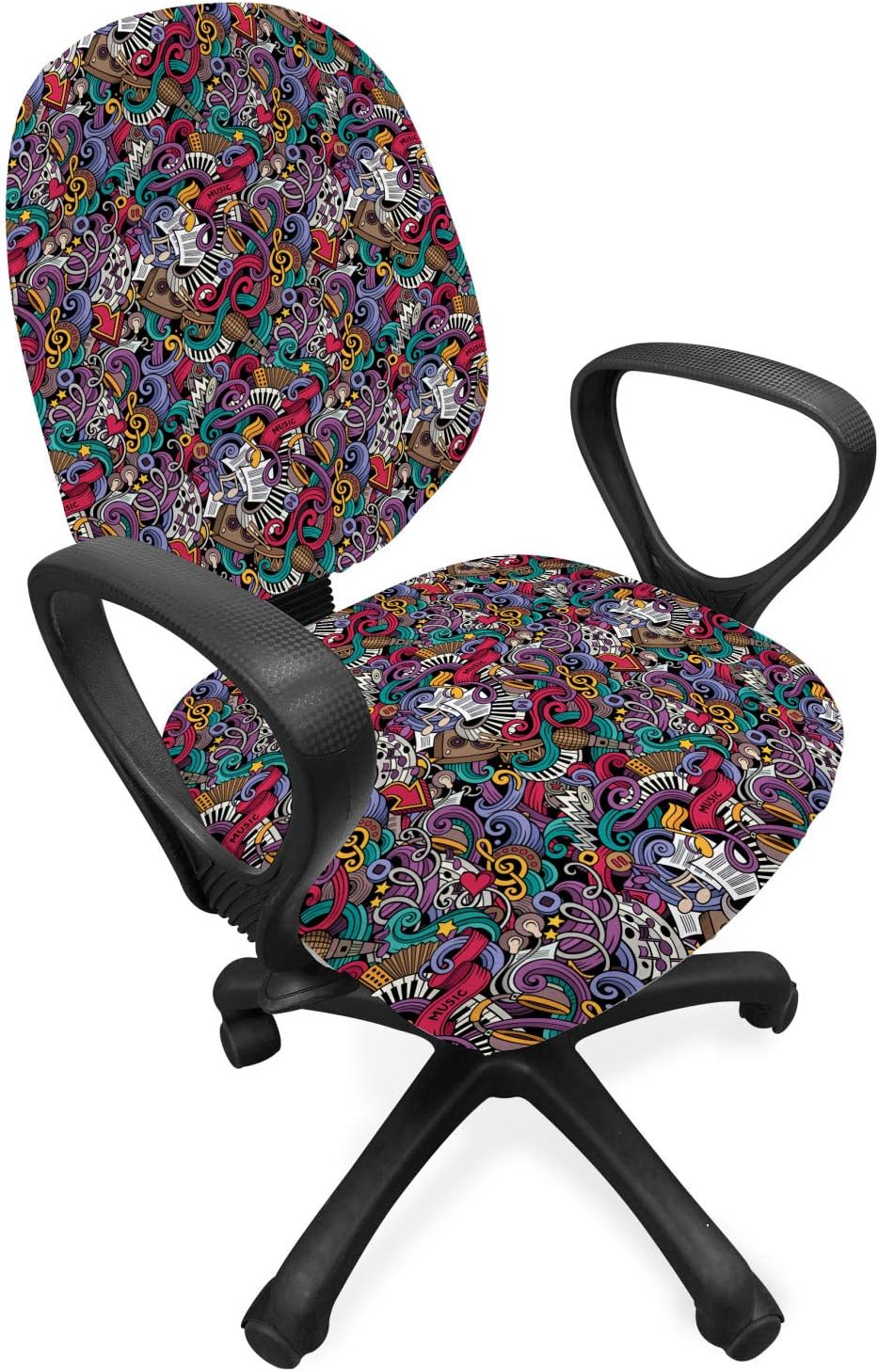 Ambesonne Hipster Office Chair Slipcover, Music Themed Hand Drawn Abstract Instruments Microphone Drums Keyboard Stradivarius, Protective Stretch Decorative Fabric Cover, Multicolor