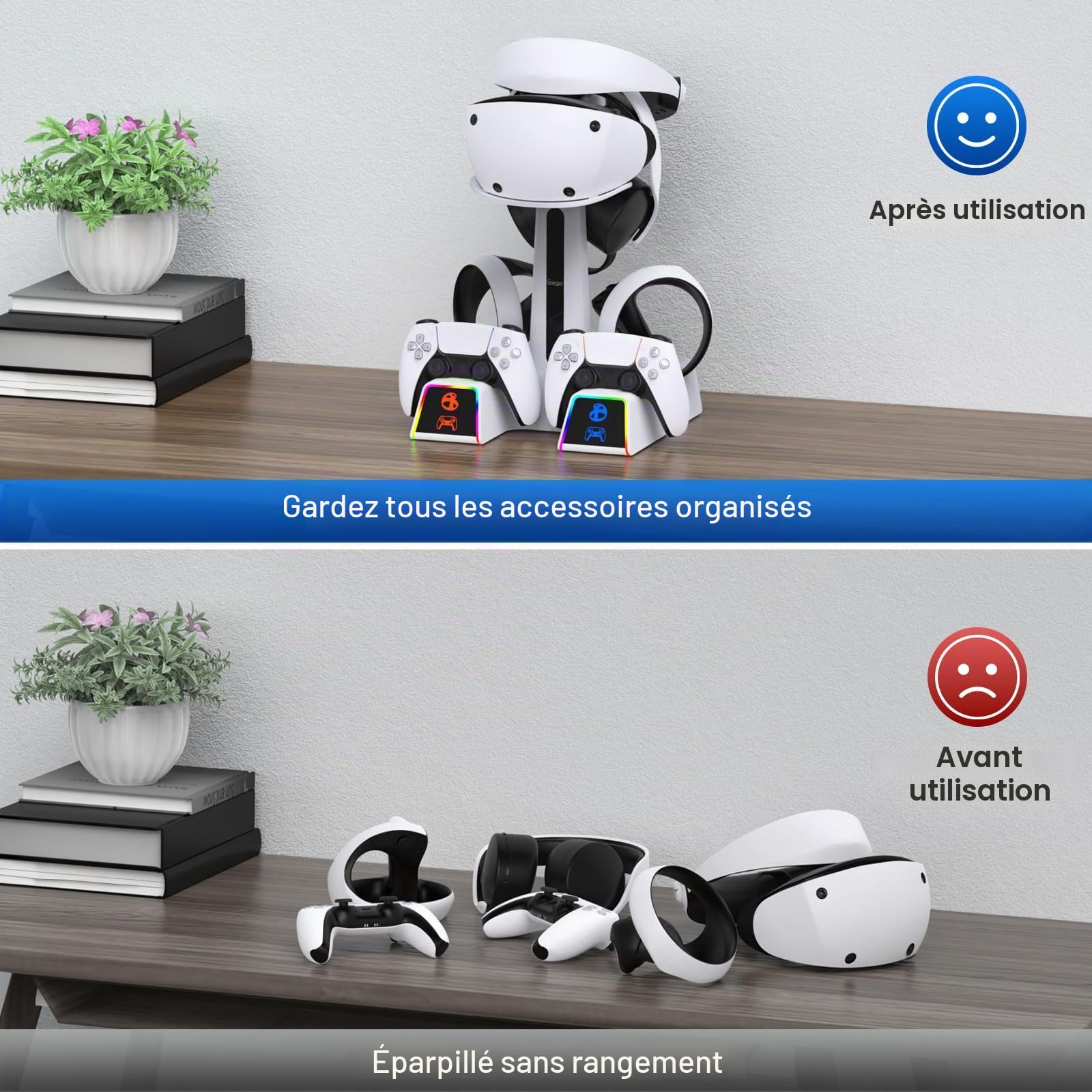 Support PSVR2 avec Accessoires PS VR2 pour Casque PS5VR2 et manettes Dualsense + Station de Recharge VR2 + 10 Modes d'éclairage