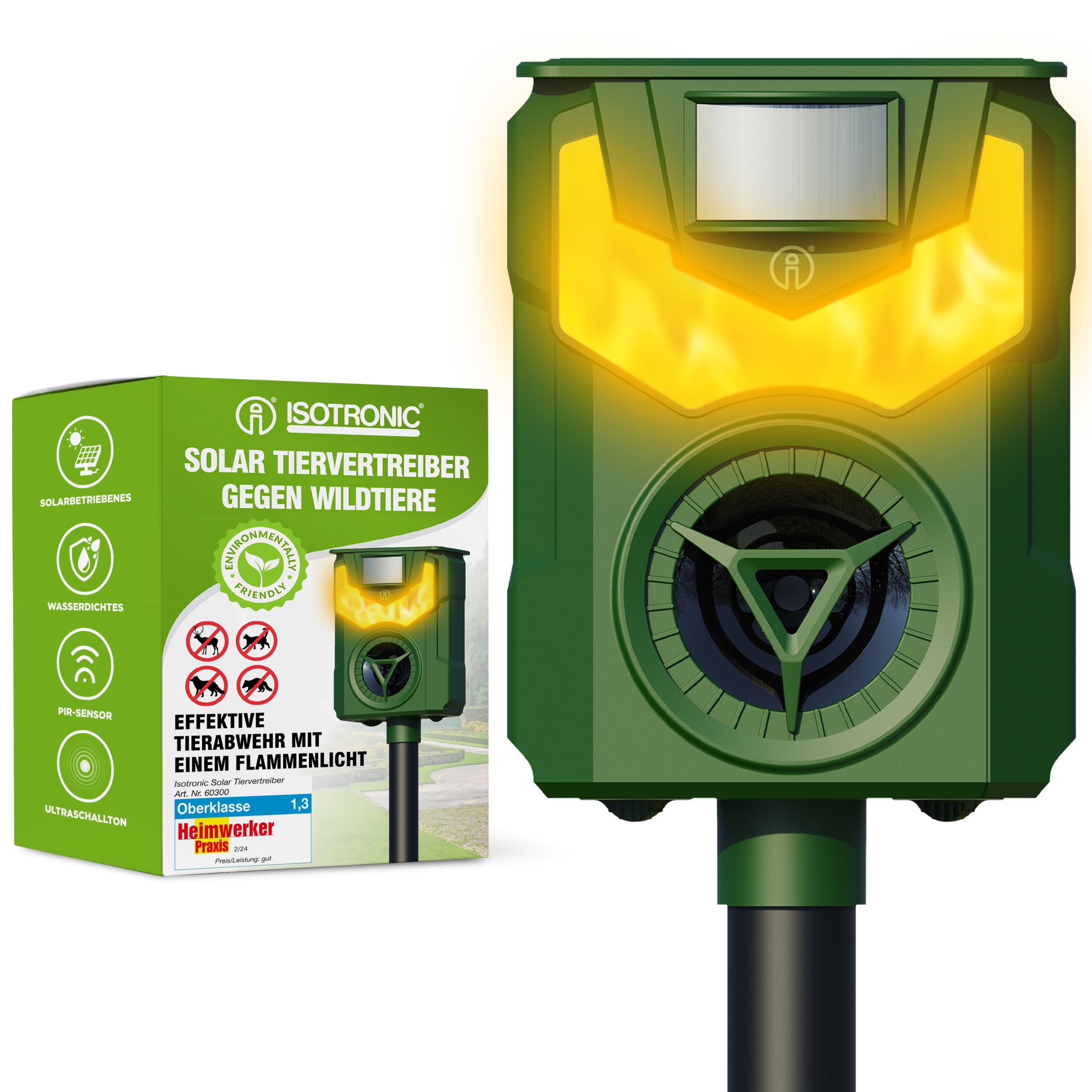 ISOTRONIC Solar animal repellent with frequency + flame light against wild animals such as raccoons, deer, foxes, wild boars and much more - effective animal repellent (1)