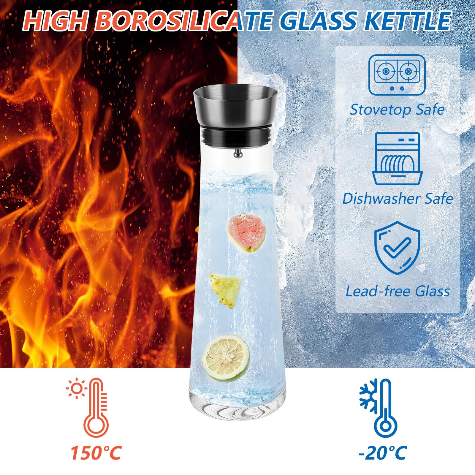 APACALI 2 unidades de jarra de cristal con tapa, jarra de 1 litro con tapa, jarra de agua de cristal para bebidas caseras, té helado, leche, café y vino