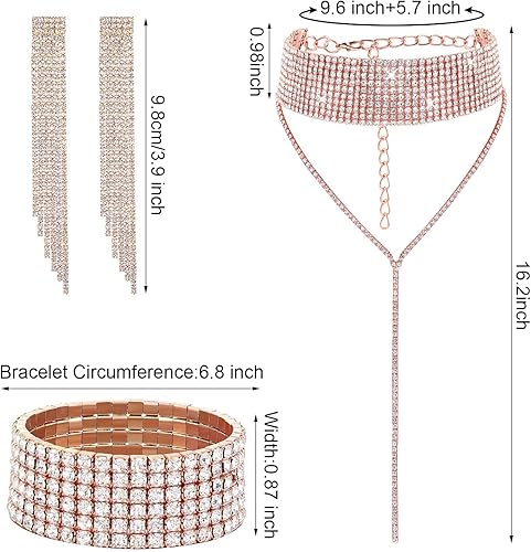 Miniatura 4 de Juego de 2 joyas de cristal de diamantes de imitación para mujer, disfraz de novia con purpurina, collar con flecos, pulsera, Diamante de imitación