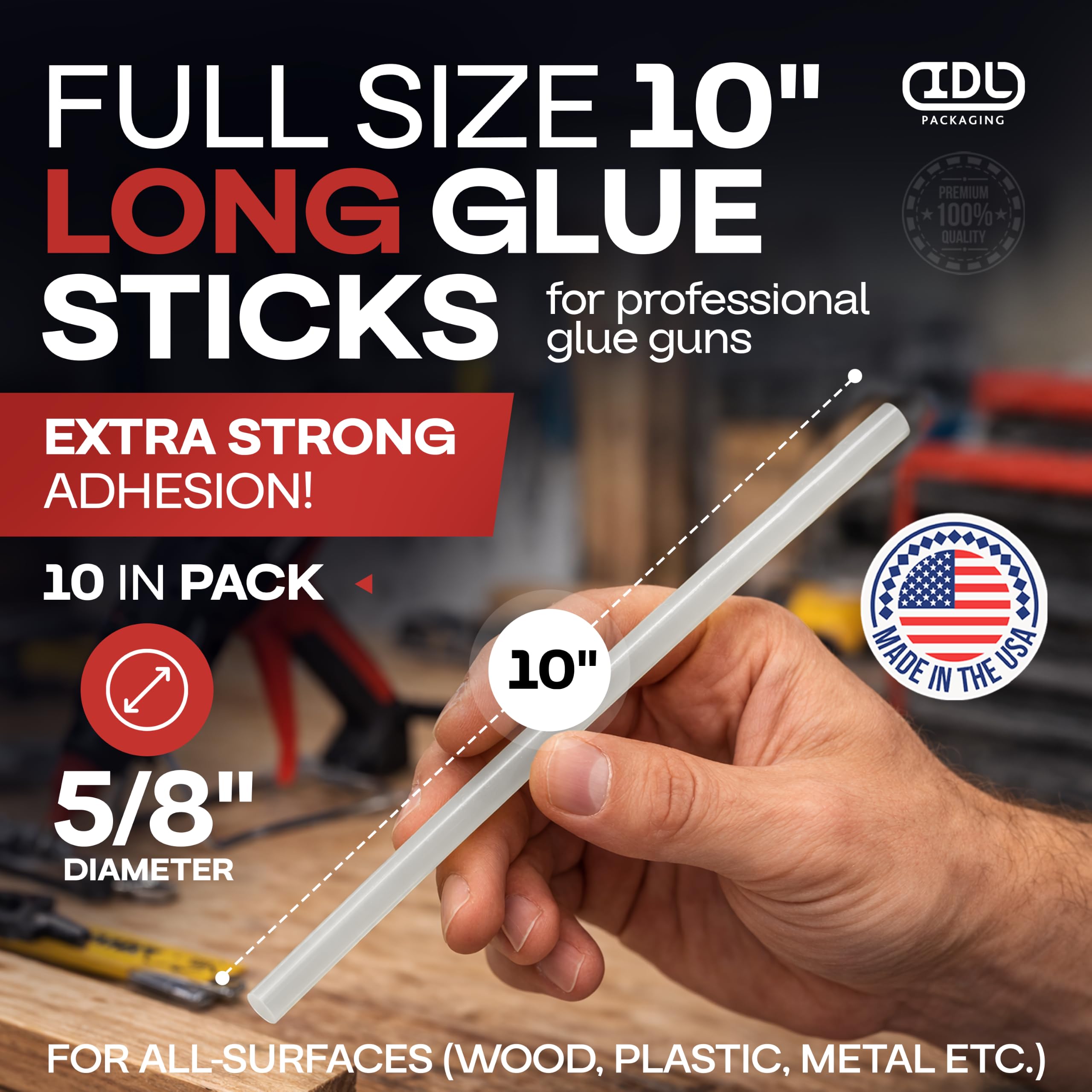 IDL Packaging Lot de 10 bâtons de colle chaude pour pistolets à colle, transparents – Résistance supérieure pour bois, métal, plastique, verre, carrelage, carton, maçonnerie
