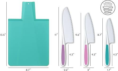 Miniatura 5 de TOVLA JR. Juego de regalo de corte para niños 3 cuchillos de cocina seguros para niños, tabla de cortar plegable y 2 picadores aptos para niños.