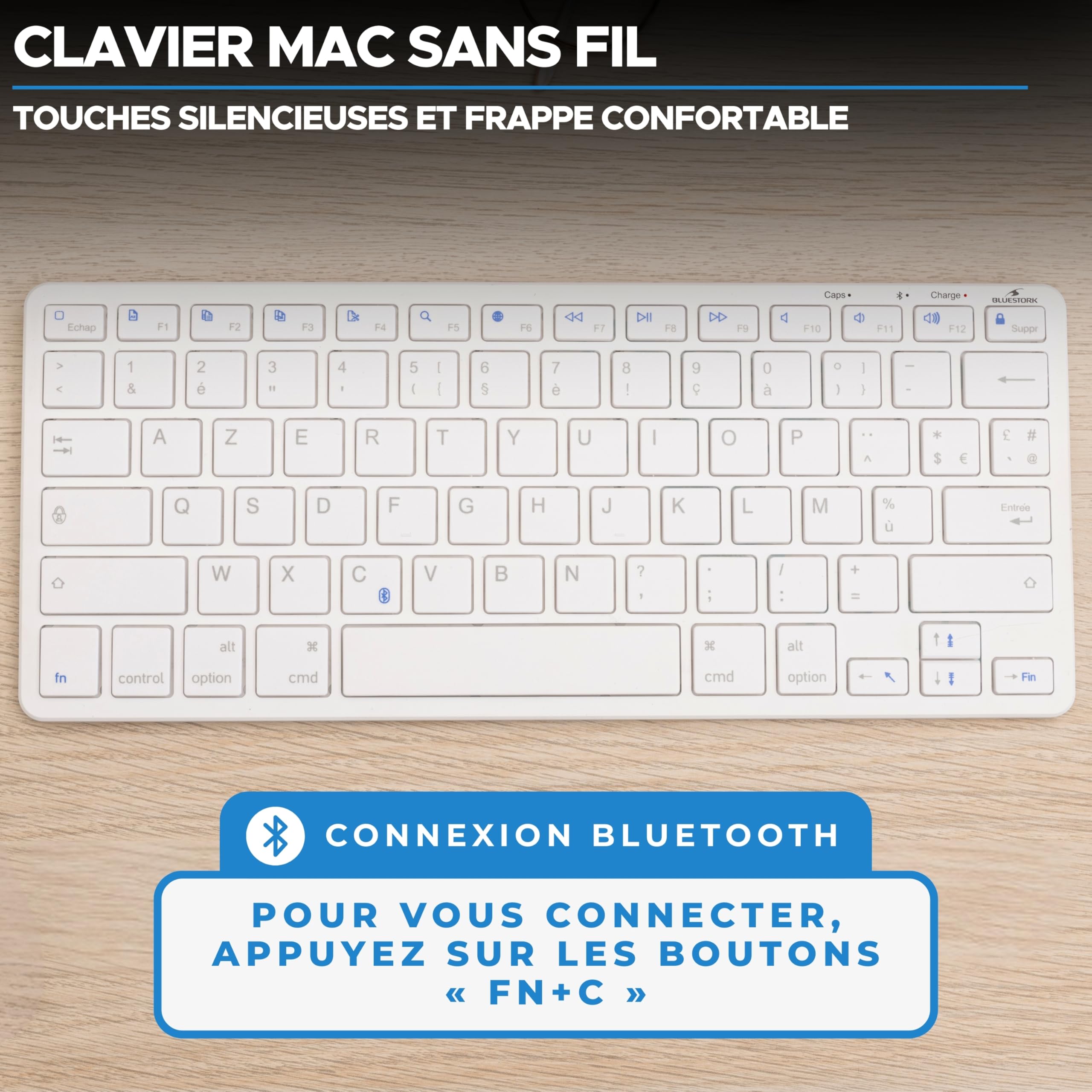 Clavier Bluetooth AZERTY Ultra Fin Pour Mac/iPad/iPhone - Blanc, Silencieux, Léger