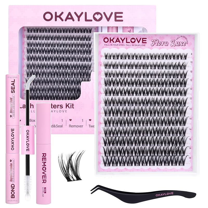 Cílios Postiços em Tufos OKAYLOVE Flora Luxe, Curvatura CC, 8–18 mm, 132 unidades, com Bond & Seal, removedor e pinça
