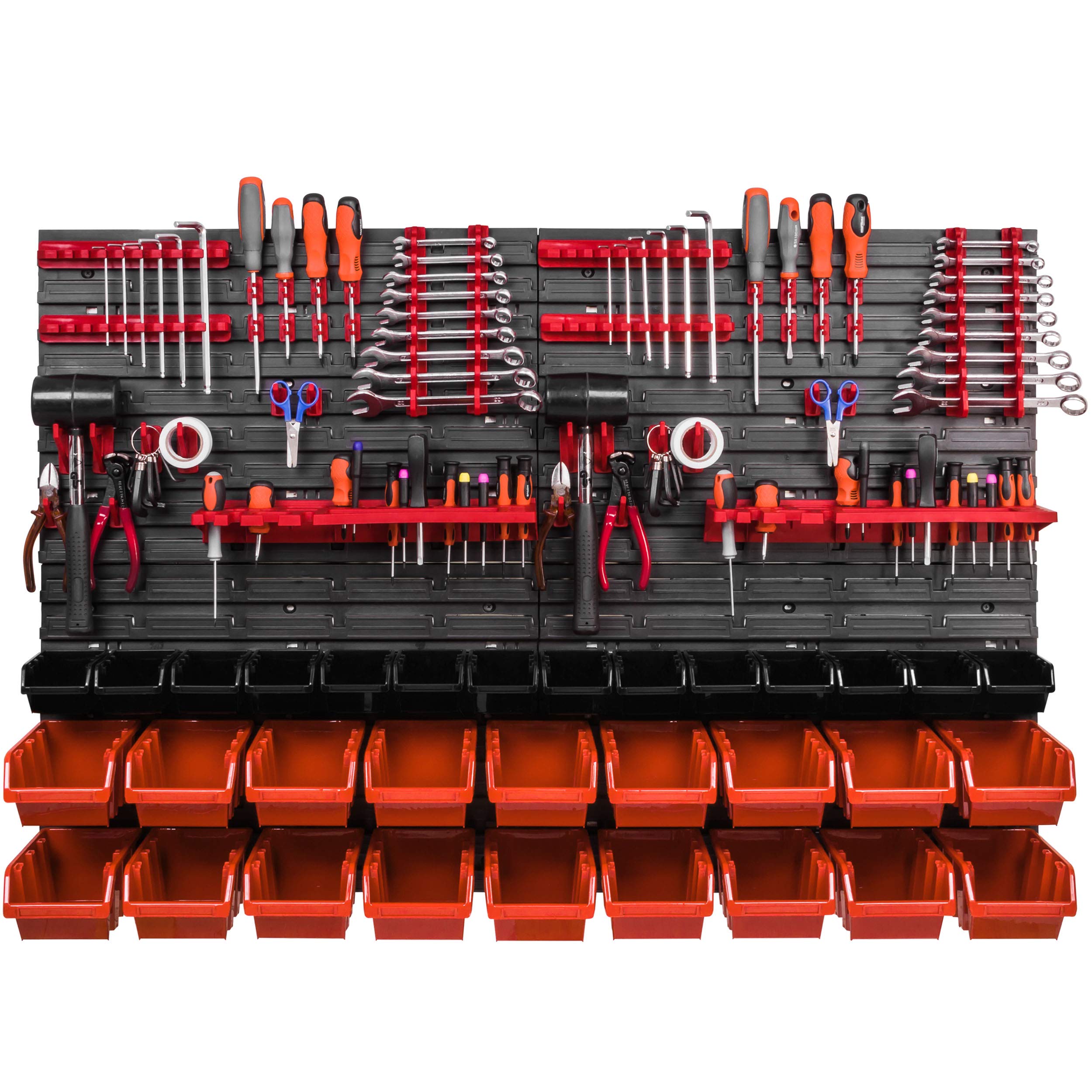 botle Set di 32 scatole impilabili da parete arancione con coperchio, pannelli porta attrezzi da muro 115 x 78 cm, per officina, garage, hobby, contenitori impilabili per scaffali da magazzino