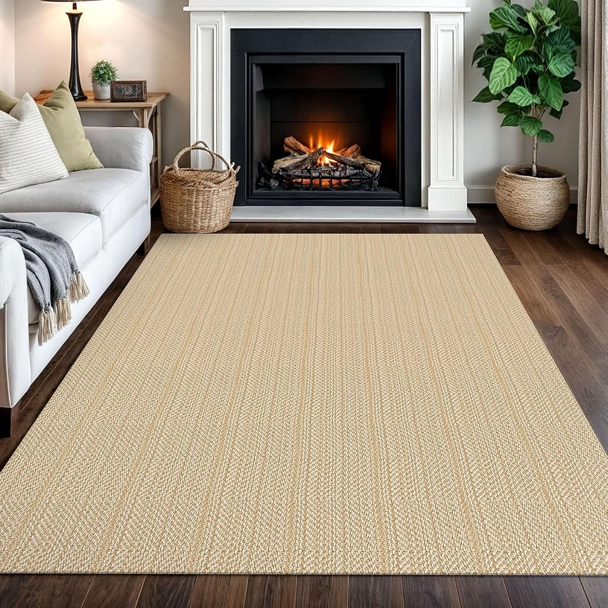 Washable Area Rug 5x7 Non Slip Rubber Backed Rugs for Living Room, Dining Room Rugs Bedroom Rug, Woven Indoor Floor Carpet for Living Room Nursery, Warm Beige/Orange/Apricot