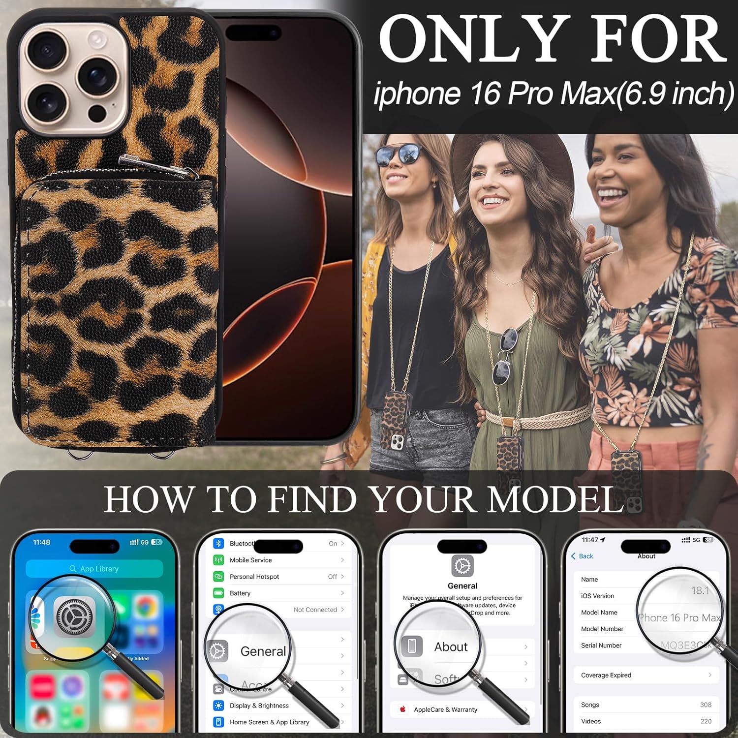 XANGNIER Wallet Case for iPhone 16 Pro Max, RFID Blocking PU Leather Crossbody Phone Purse with Card Holder, Zipper Pocket, Wrist Strap & Adjustable Lanyard for Women 6.9" 5G,Leopard Print - Image 3