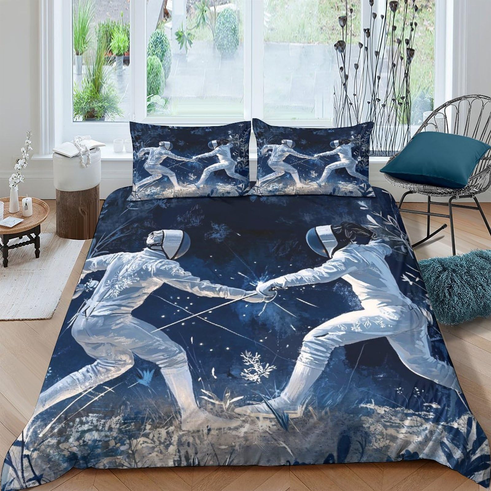 Ctjqhvkz Style-8 3D Printed Fencing Art Fitted Sheet Microfiber Soft Blue Abstract Athlete Bed Cover For Bedroom Dorm Mattress Decor Single（135X200cm）