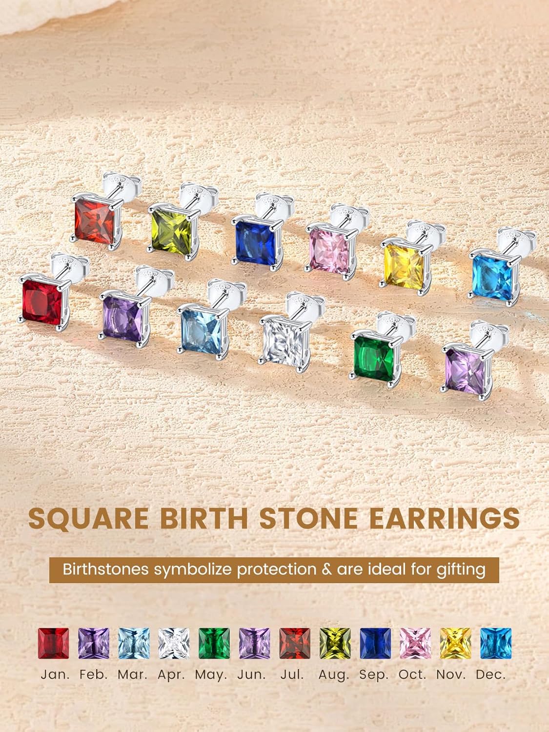 KeyStyle Birthstone Earrings for Women,Hypoallergenic Square/Round/Heart Stud Earrings with 925 Sterling Silver Posts & Push Backs,Small Dainty 5/6mm CZ Stud Earrings, Gold Silver Birthday Jewelry - Image 6