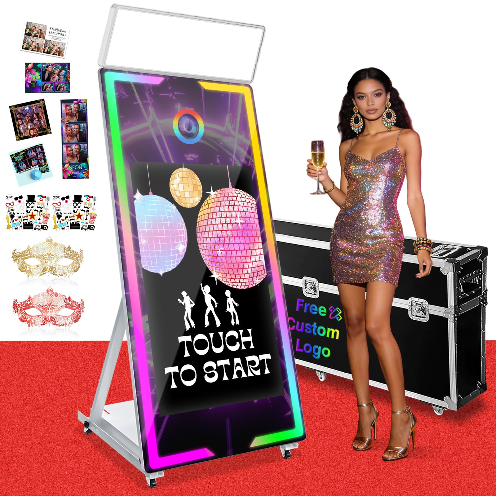 Magic Mirror Photo Booth 65" with 43" Interactive Touch Screen,Instant Print and Share Mirror Photo Booth Machine with Fill Light,App Remote Control Professional Photography for Party Events