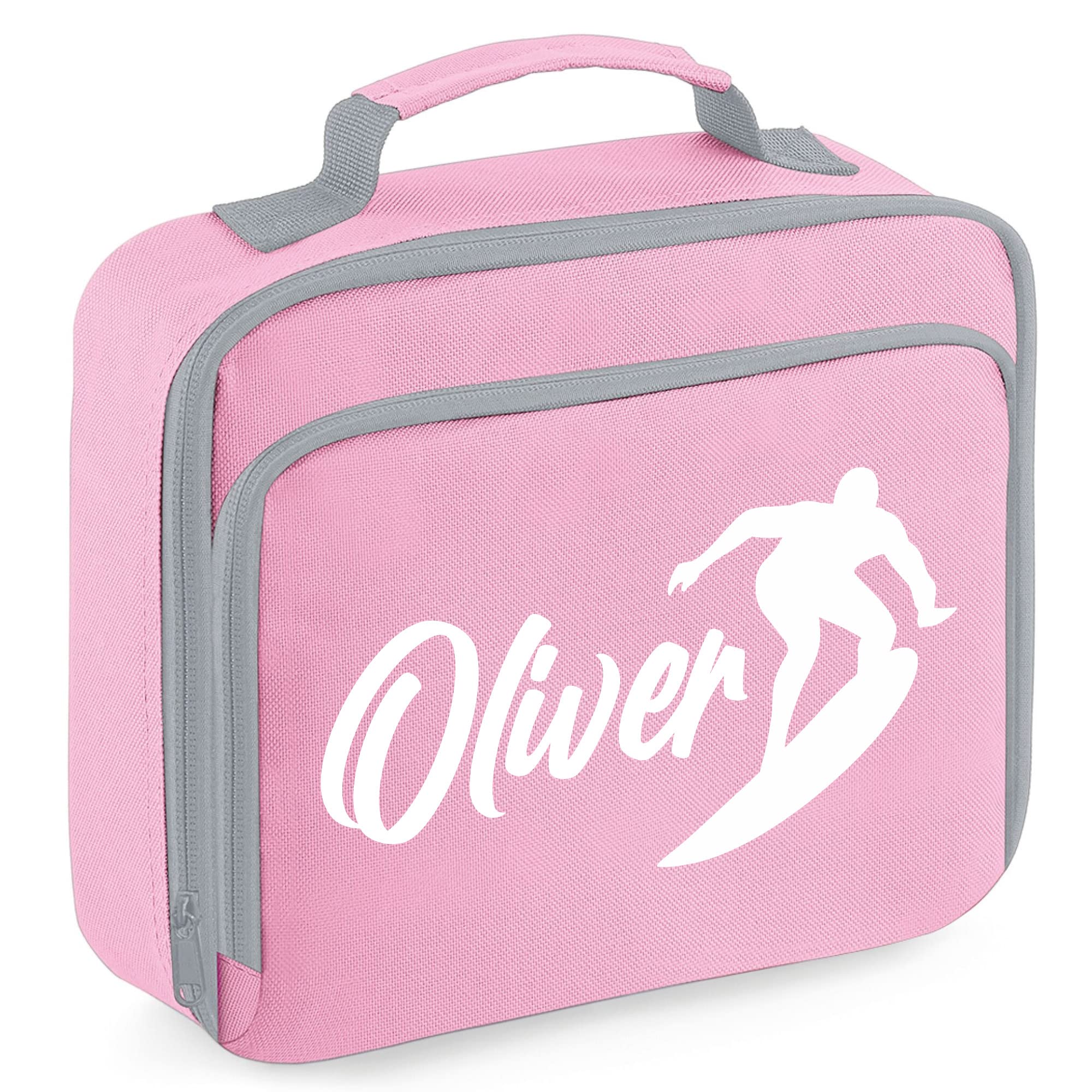 Personalised Boys Surfer Lunch Cooler Bag, Custom Surfing Gifts Boys Lunch Box, Back to School Gifts for Son who Loves Surfing, 24cm x 20cm x 8cm, Light Pink