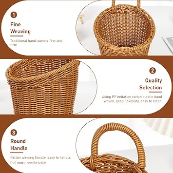 Wall Hanging Baskets, Plastic Woven Wicker Wall Baskets, Decorative Hanging Basket with Handle for Kitchen Vegetable Fruit Organizing