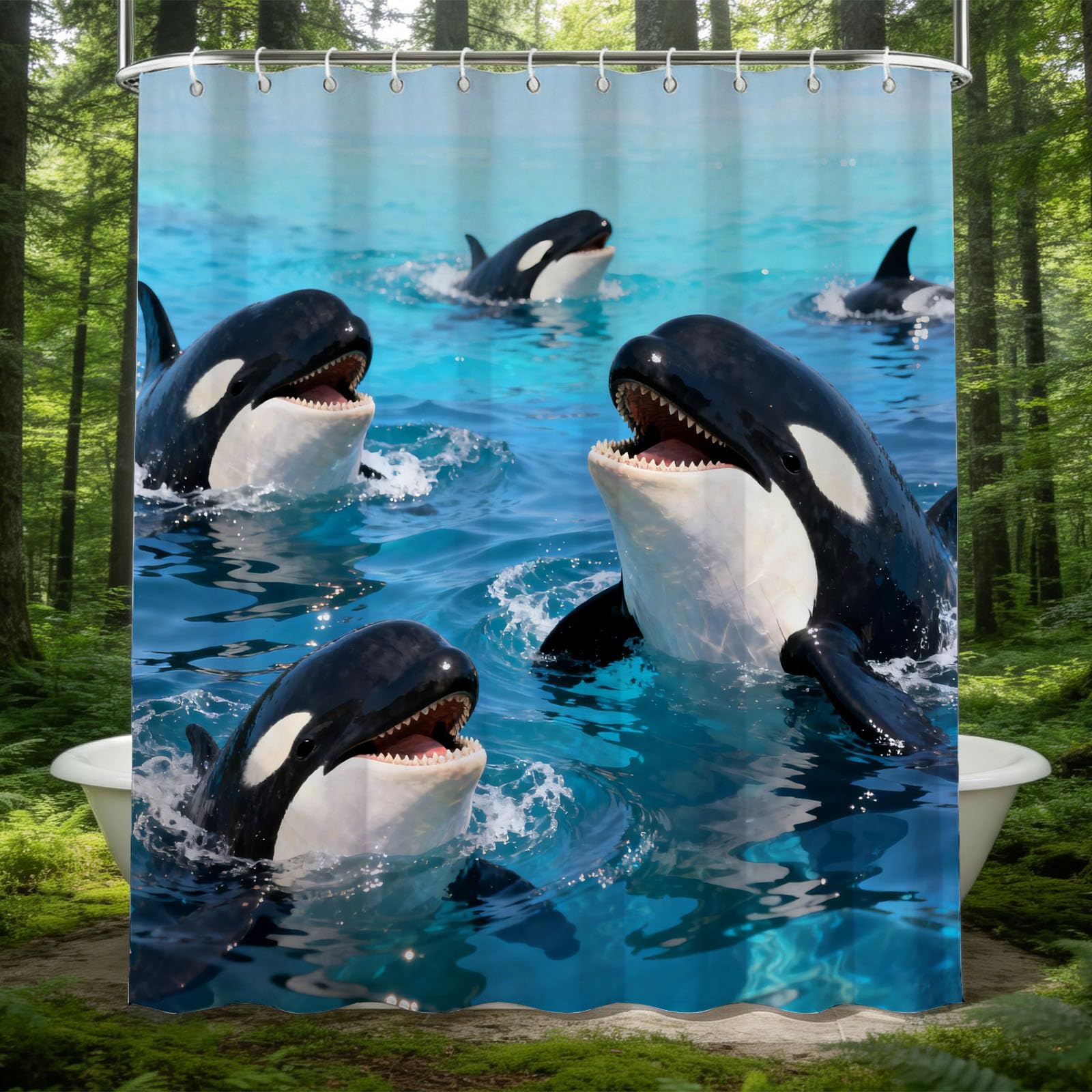 Hongduo 3D Marine Orca Shower Curtain for Stalls Bathtubs Ocean Blue Bathroom Decor Shower Curtain Set Polyester Fabric Waterproof 120x180cm/48X71 Inch with Hooks