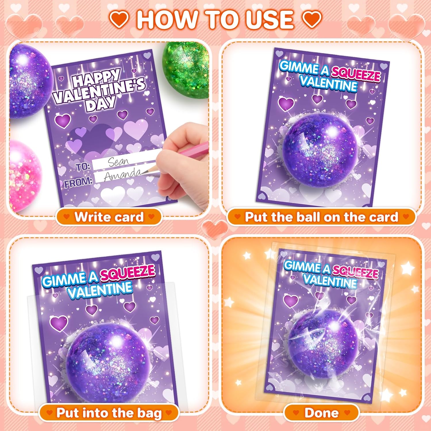 24 Pack Valentines' Day Cards for Kids, Valentines' Cards with Squeeze Balls, Stretchy Toy for Classroom School Valentines' Gifts Exchange, Valentines' Party Favor Prizes for Boys Girls