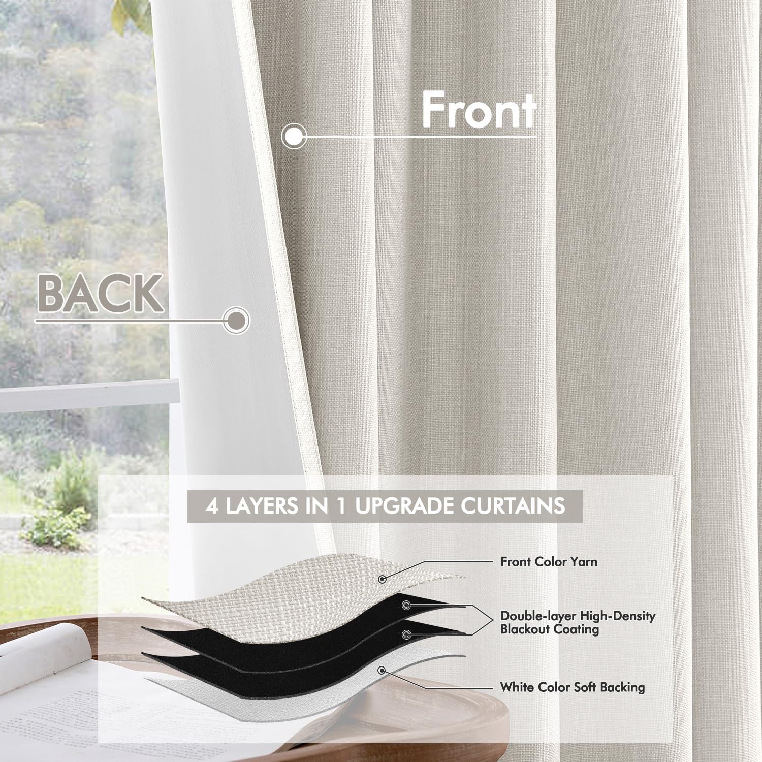 MIULEE 100% Blackout Curtains 84 Inch Long 2 Panels Set for Bedroom, Thick Faux Linen Black Out Curtain Room Darkening Back Tab Pleat Window Textured Drapes with Hooks for Living Room, Grey Beige thumbnail