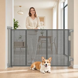 59-Inch Retractable Dog Gate, 34-Inch Tall Mesh Pet Gate | Reinforced Support Rods and Metal Hooks Prevent Pets from Crawling Under, for Stairs, Doorways, Indoor & Outdoor Use, Gray