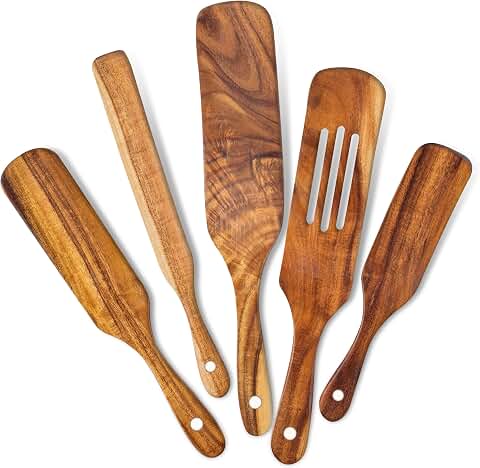 Wooden Spurtle Set Of 5, Acacia Wood Utensils For Kitchen, Heat Resistant Wooden Spoons for Cooking, Non-Stick Tool Sets, Verstile Tools, As Seen On TV Bamboo Spatulas, Premium Utensil Spoons