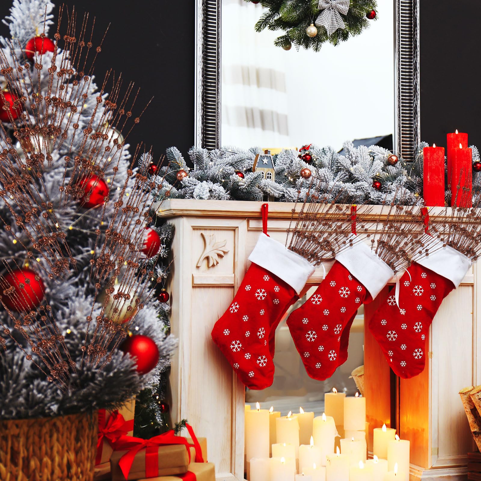 Geosar Künstliche Glitzer-Beerenstiel-Dekorationen, 43,2 cm, Weihnachtsschmuck, Blumenstrauß, Party-Mittelstück, glitzernde Zweige für Hochzeit, Baum, Kranz, Weihnachten, Heimdekoration (braun), 30