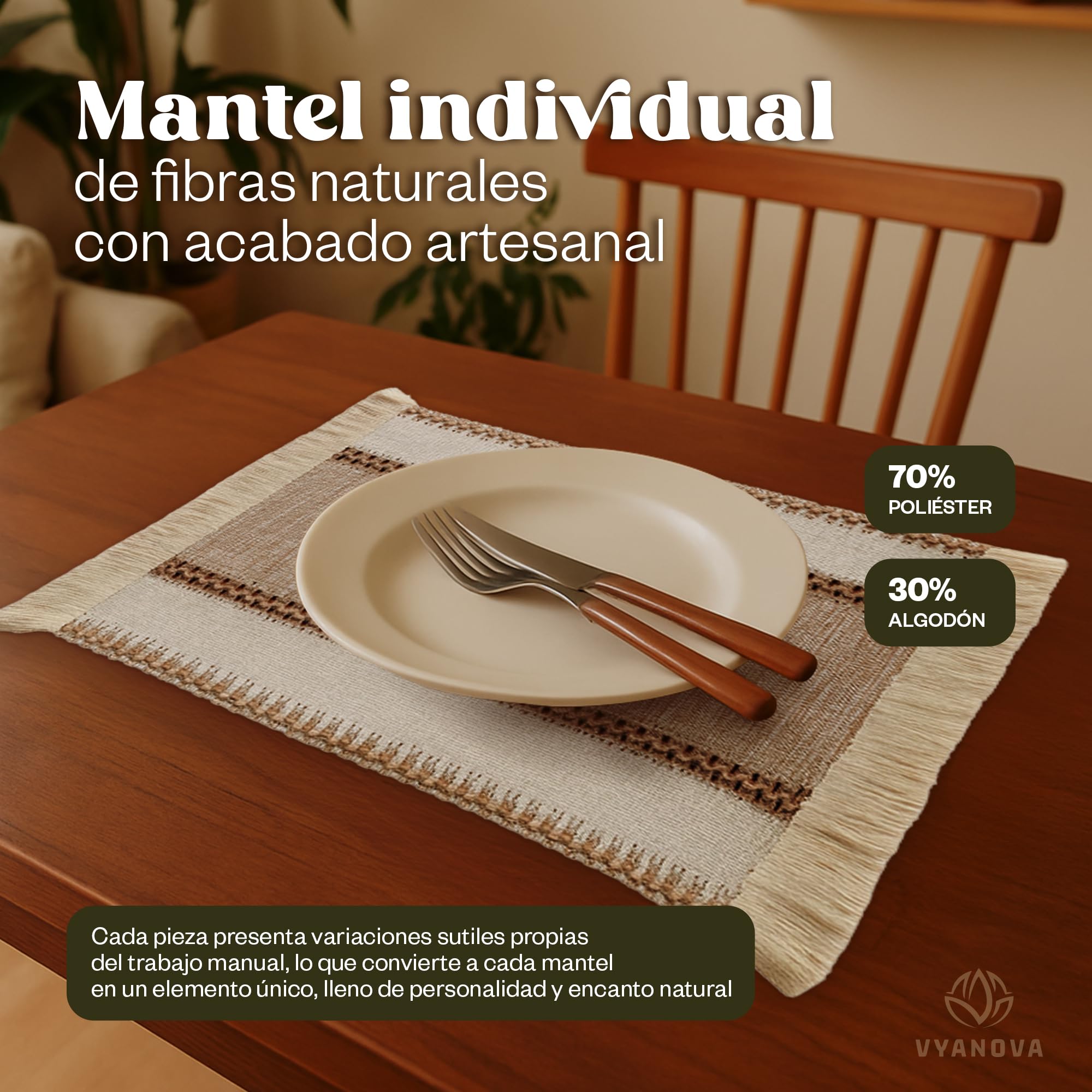 Manteles Individuales y Salvamanteles, Set de 12 Piezas, 6 Manteles Individuales 50 x 29 cm + 6 Salvamanteles Redondos 30 cm de Diámetro, Fibra Natural para Mesa de Comedor, Terraza y Jardín