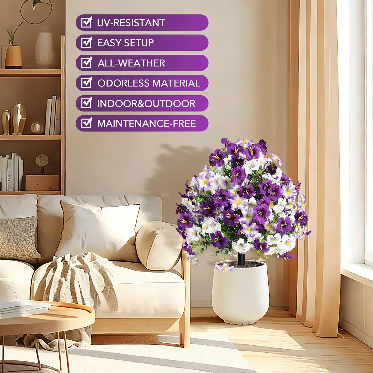 2pcs Artificial Topiary Eucalyptus Ball with Petunia Flowers,Greenery UV Resistant Fake Plant Shrub Bushes with Ground Spike for Outdoor Indoor Planter Front Porch Garden (Purple White)