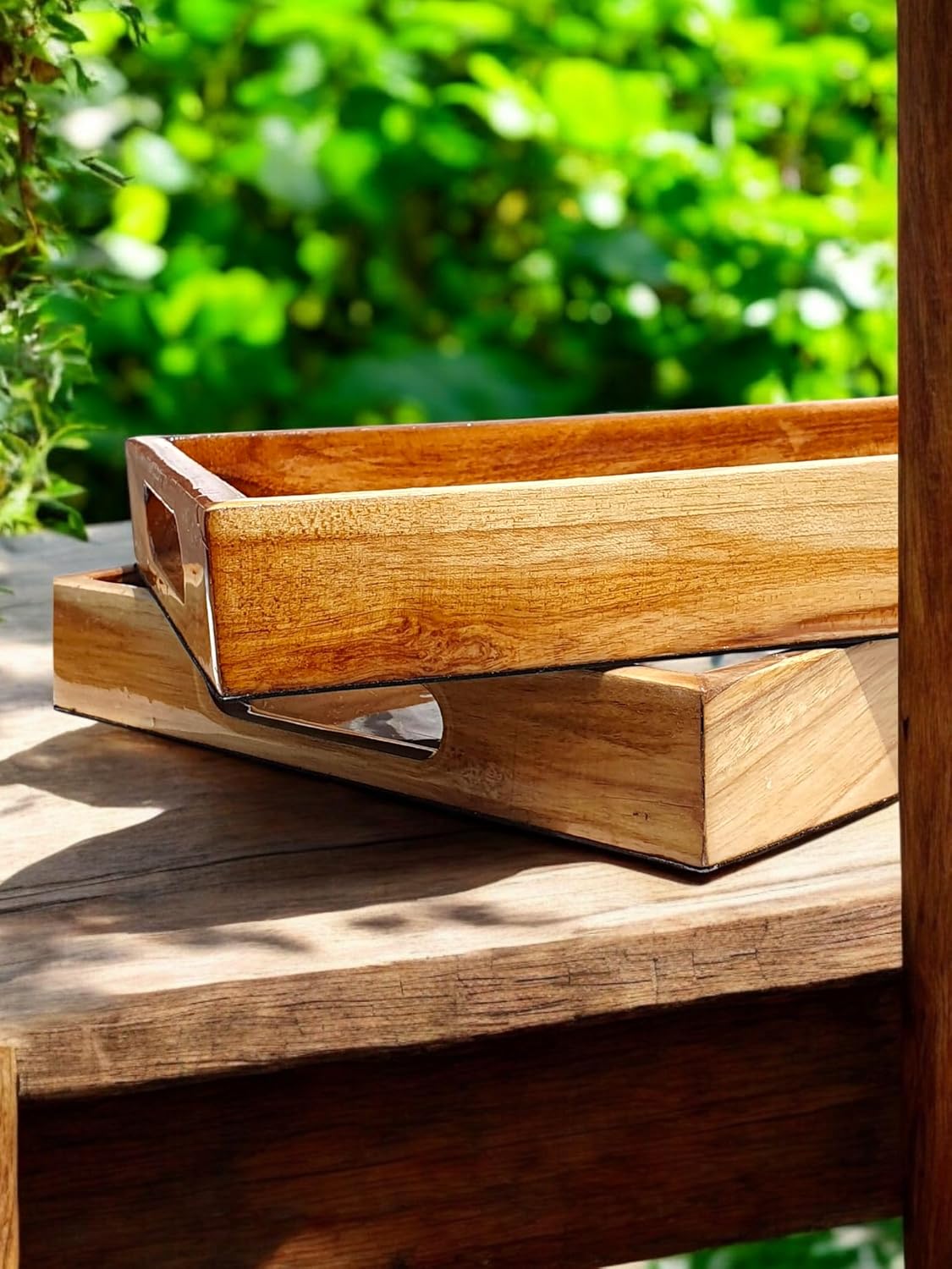 Handcrafted Teakwood Serving Tray Set of 2, Decorative Rectangular Trays with Handles, Breakfast in Bed, Coffee Table, Dinner, BBQ, Snacks, Appetizers, Lap Desk Tray for Couch - Blue