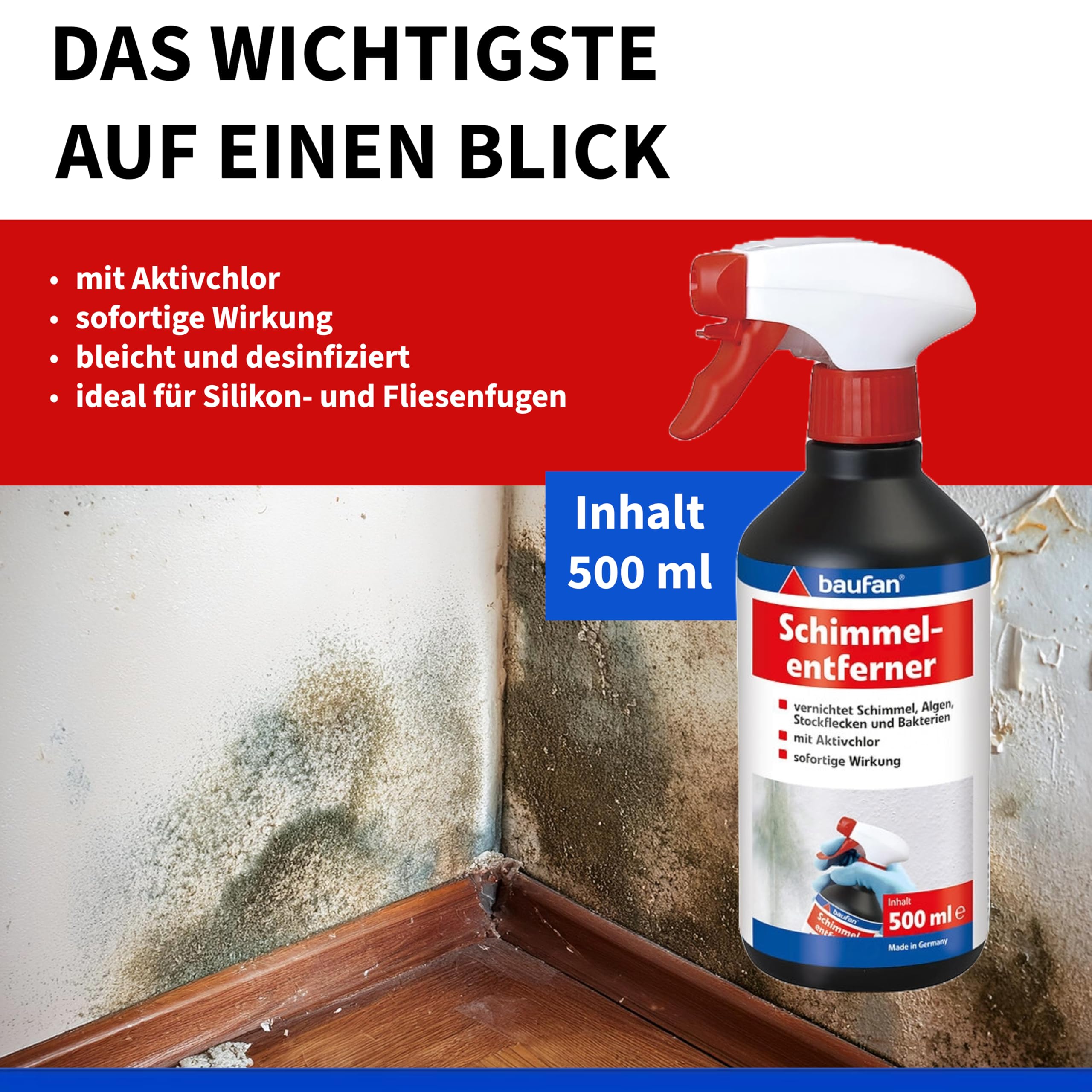 Baufan Schimmelentferner - 500ml - Schimmelspray mit Aktivchlor für Schimmel & Algen… – Ansicht 3