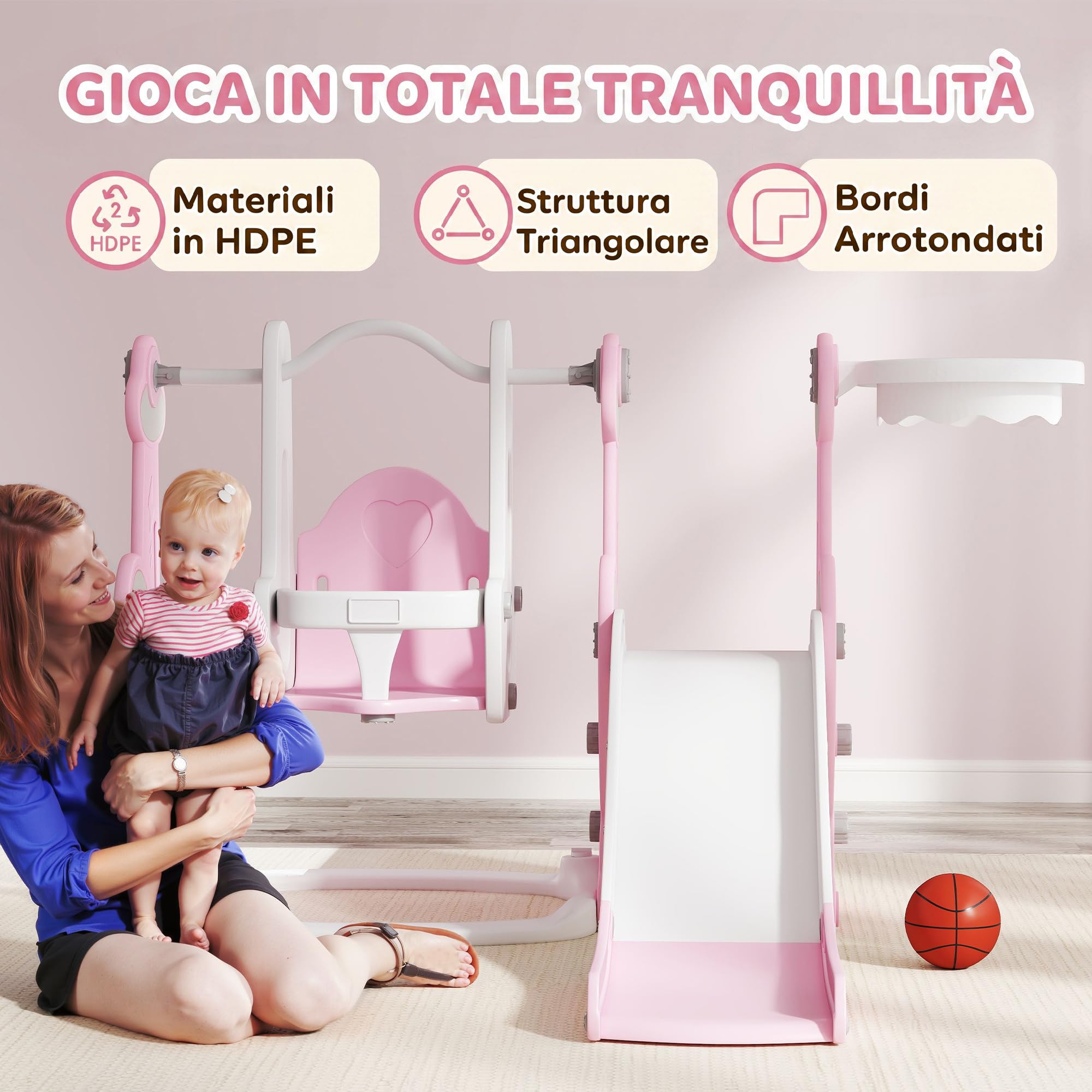 AIYAPLAY Scivolo per Bambini 4 in 1 con Altalena da 18-48 Mesi Rosa | Scivolo da Giardino Autoportante, Scaletta da Arrampicata, Cestino da Basket, Set Parco Giochi per Interni ed Esterni