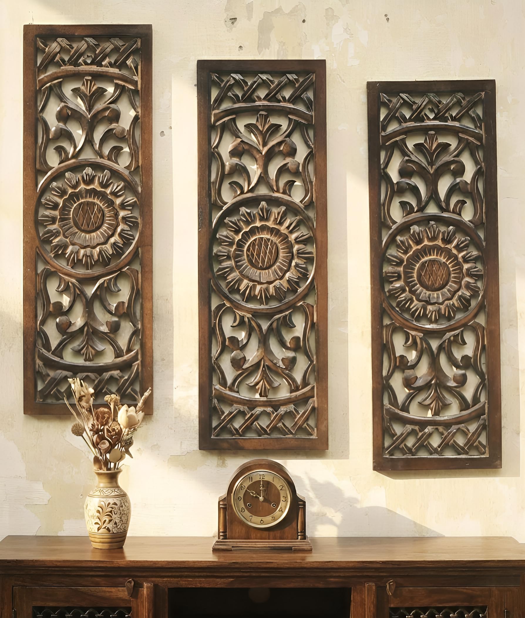 DE KRAFTSMAN wall panels for living room/set of 3 wall decor MANDLAA handcarved antique wall panel decor